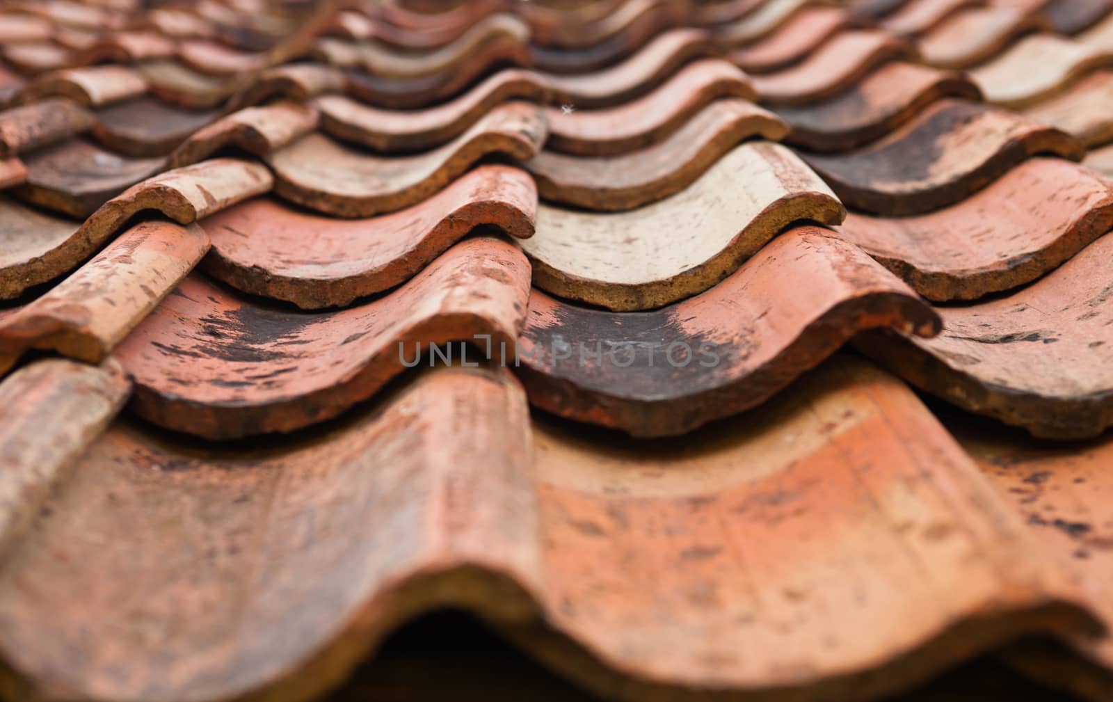 The old roof covered with orange tiles. Close up.