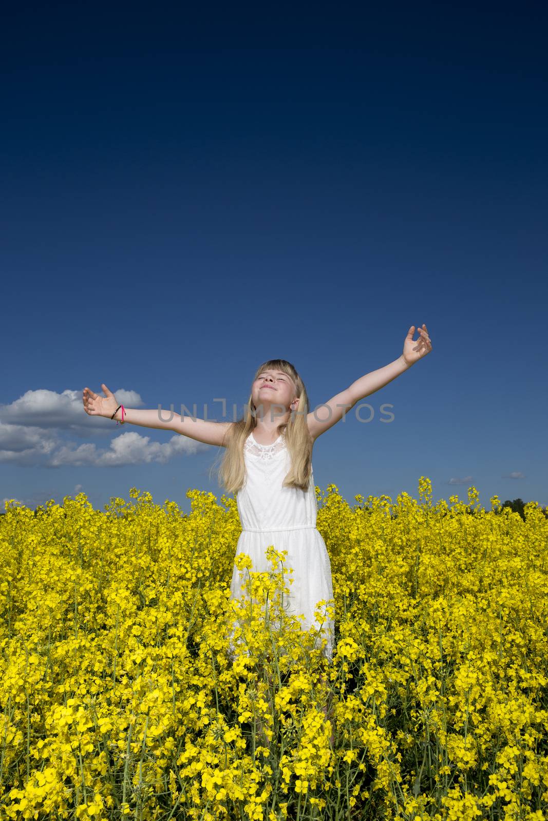 Young girl with Outstretched arms on a Rape Field