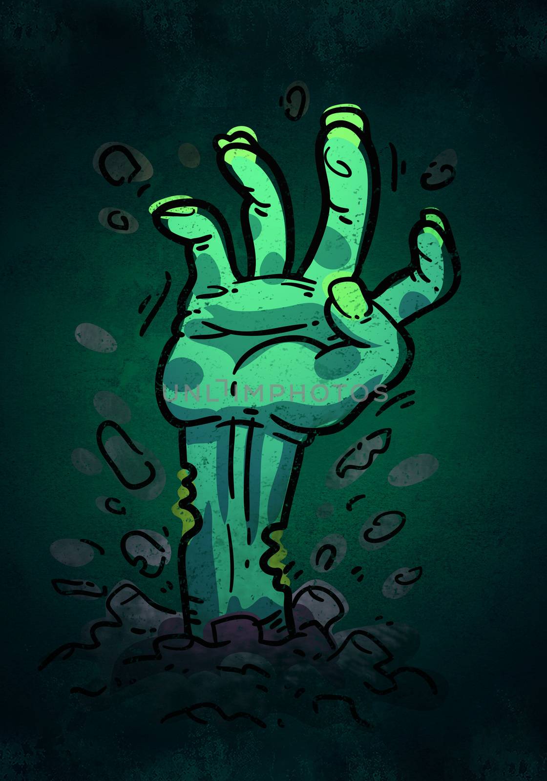 Cartoon Zombie Hand. Halloween poster, background or card.