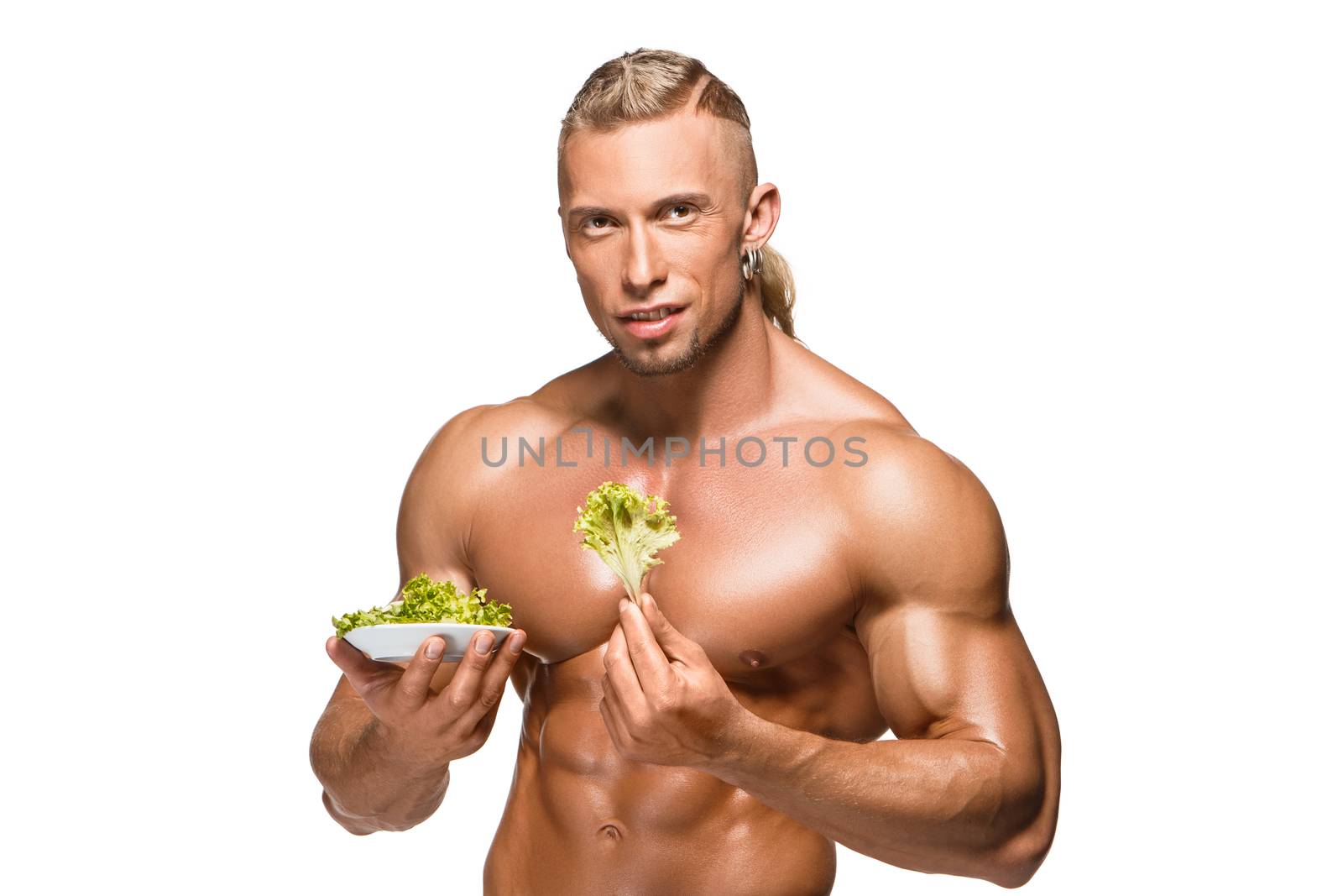 Shaped and healthy body man holding a fresh lettuce,  isolated on white background by master1305