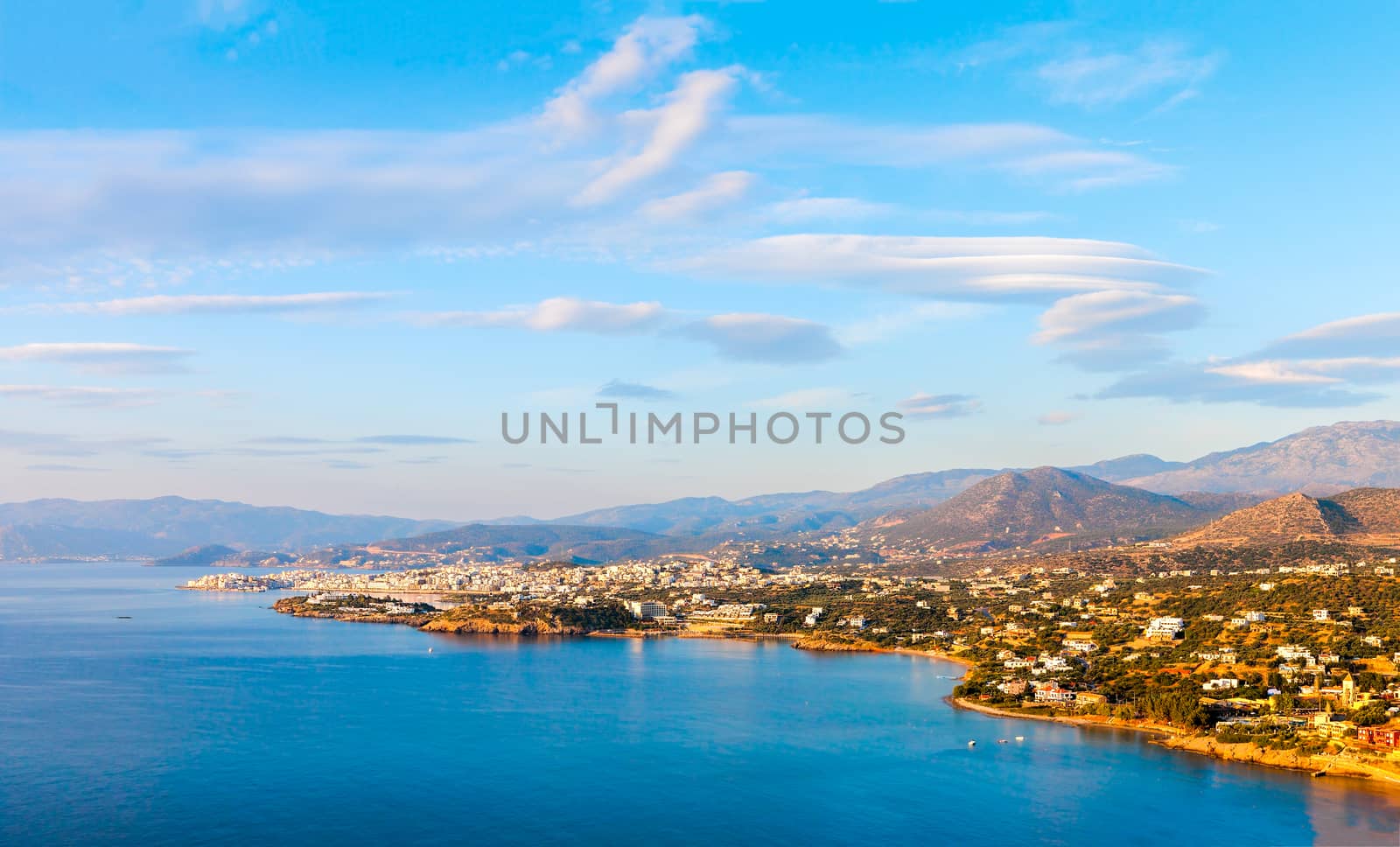 Panoramic view of the town of Agios Nikolaos and the Mirabello Bay. Crete, Greece. Agios Nikolaos is a picturesque town in the eastern part of the island Crete.