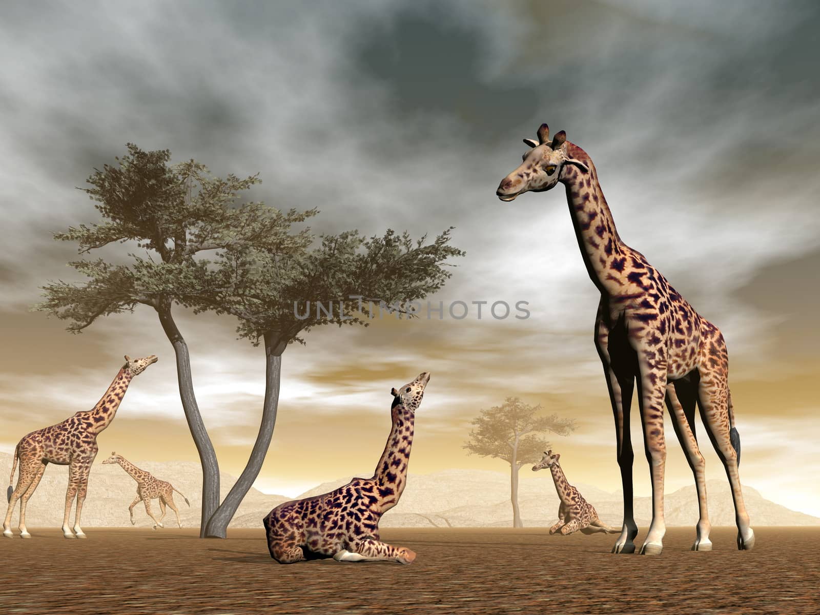 Giraffes in the savannah - 3D render by Elenaphotos21