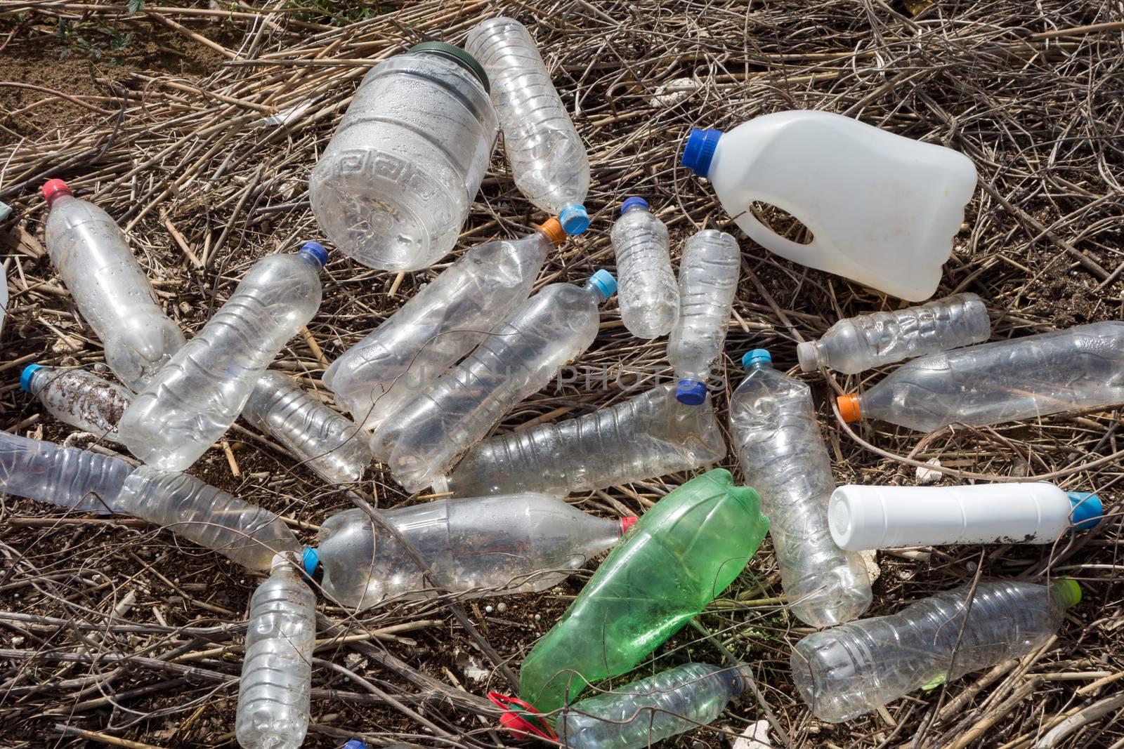 Beach pollution. Plastic bottles and other trash on river beach