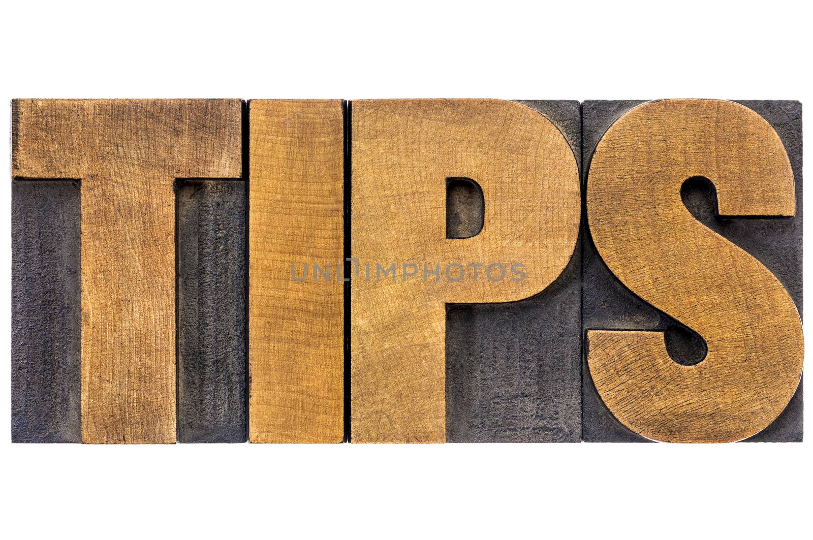 tips word - isolated text in letterpress wood type