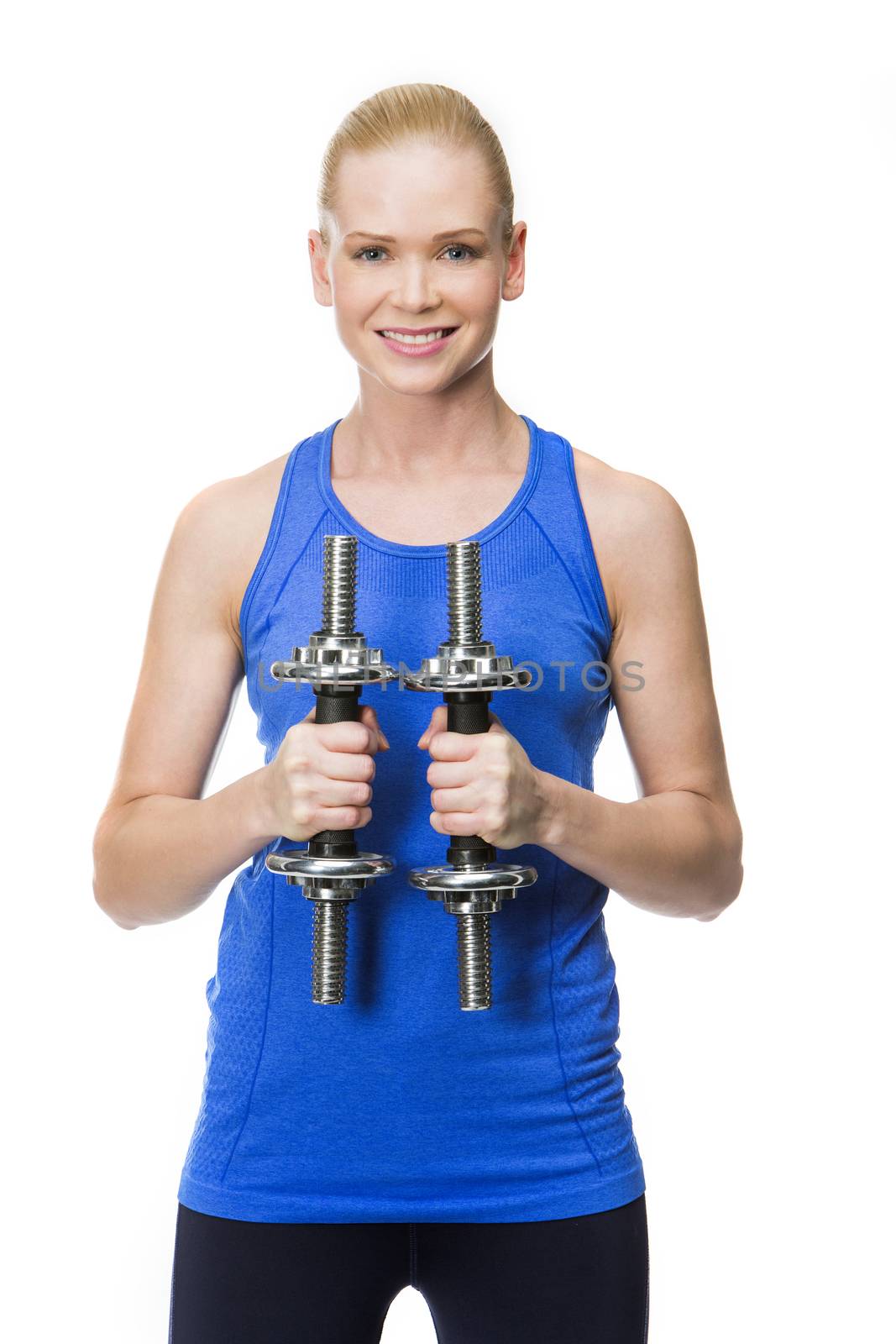 blonde woman wearing fitness clothing exercising with weights