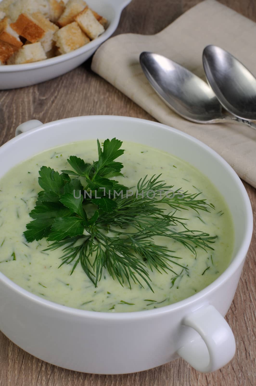 A bowl of soup with dill sauce and parsley on the table with croutons