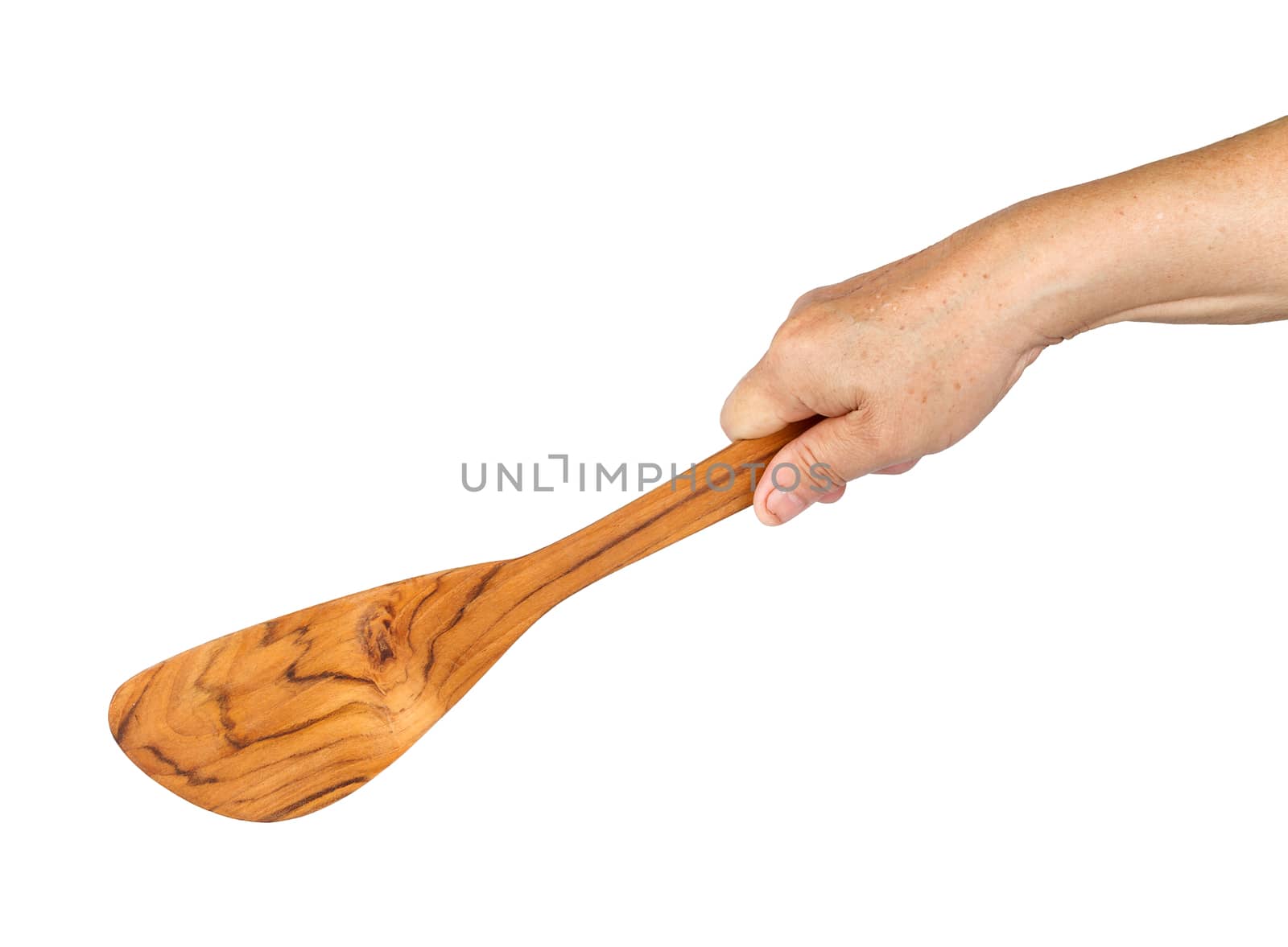 long-handle ladle made from teak in hand isolated on white background