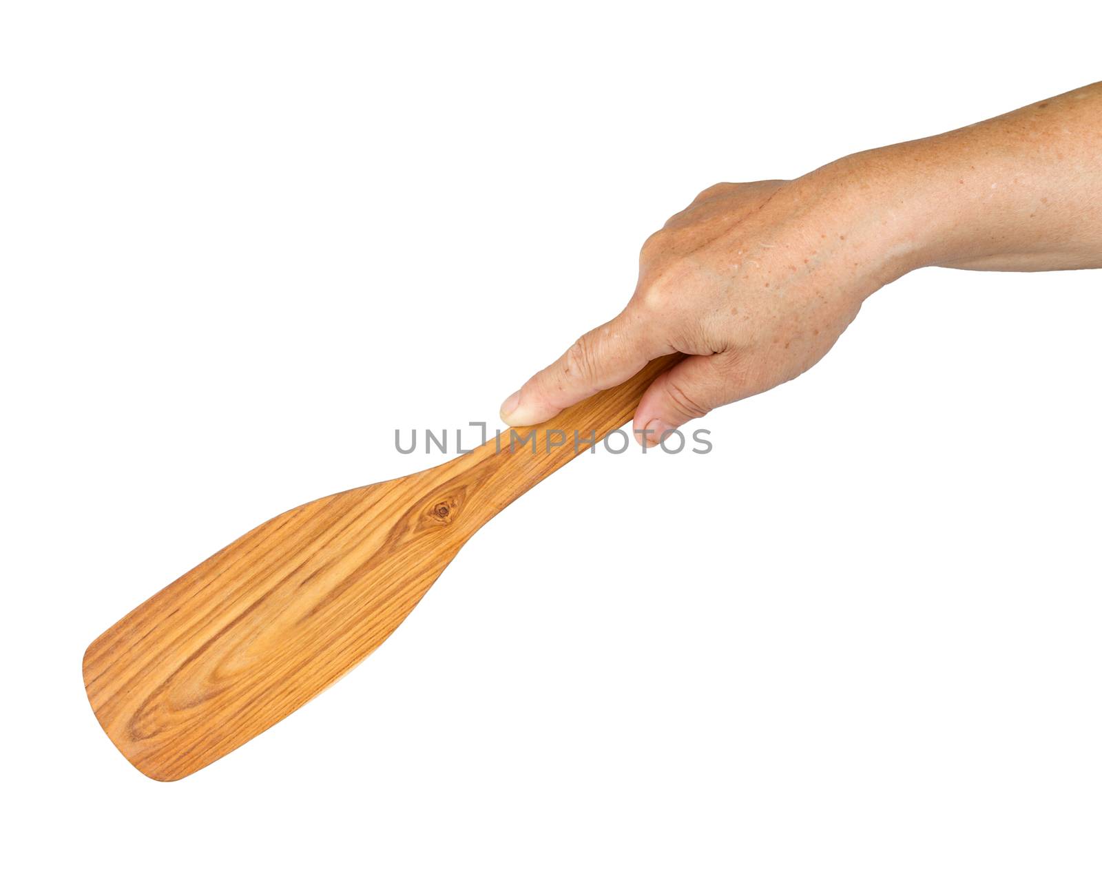 long-handle ladle made from teak in hand isolated on white background