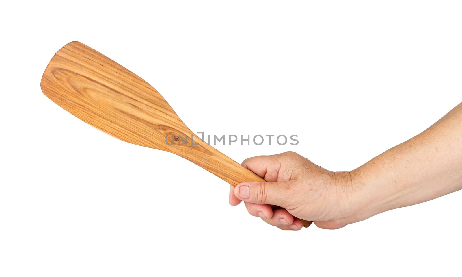 long-handle ladle made from teak in hand isolated on white background