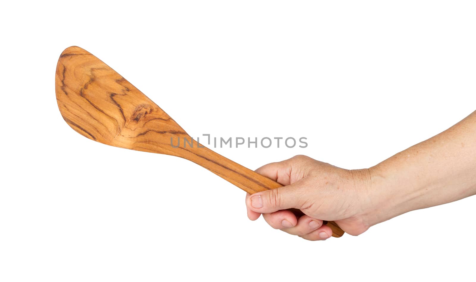 long-handle ladle made from teak in hand isolated on white background