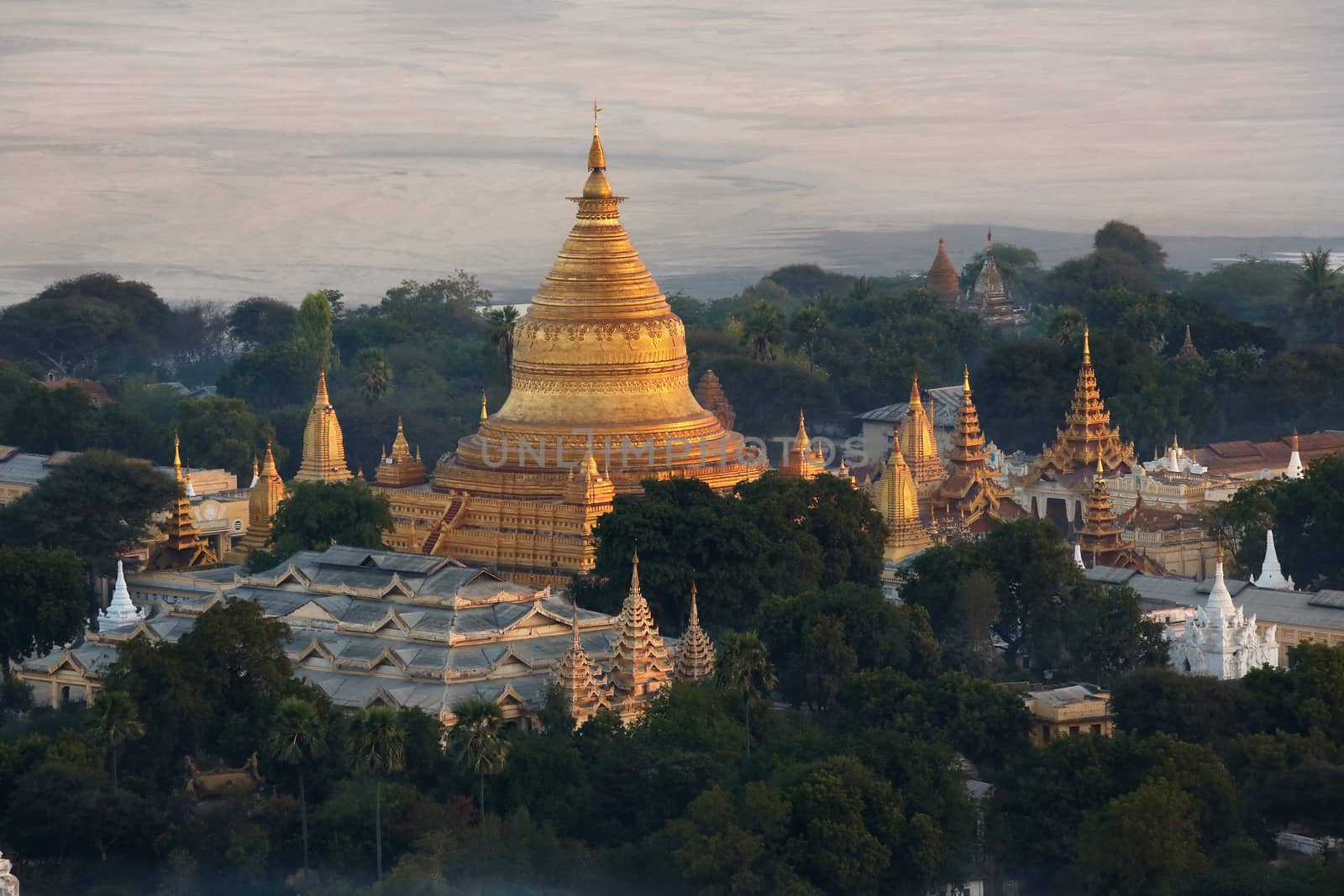 Early morning aerial view of the Shwezigon Pagoda near the Irrawaddy River in Bagan in Myanmar (Burma).