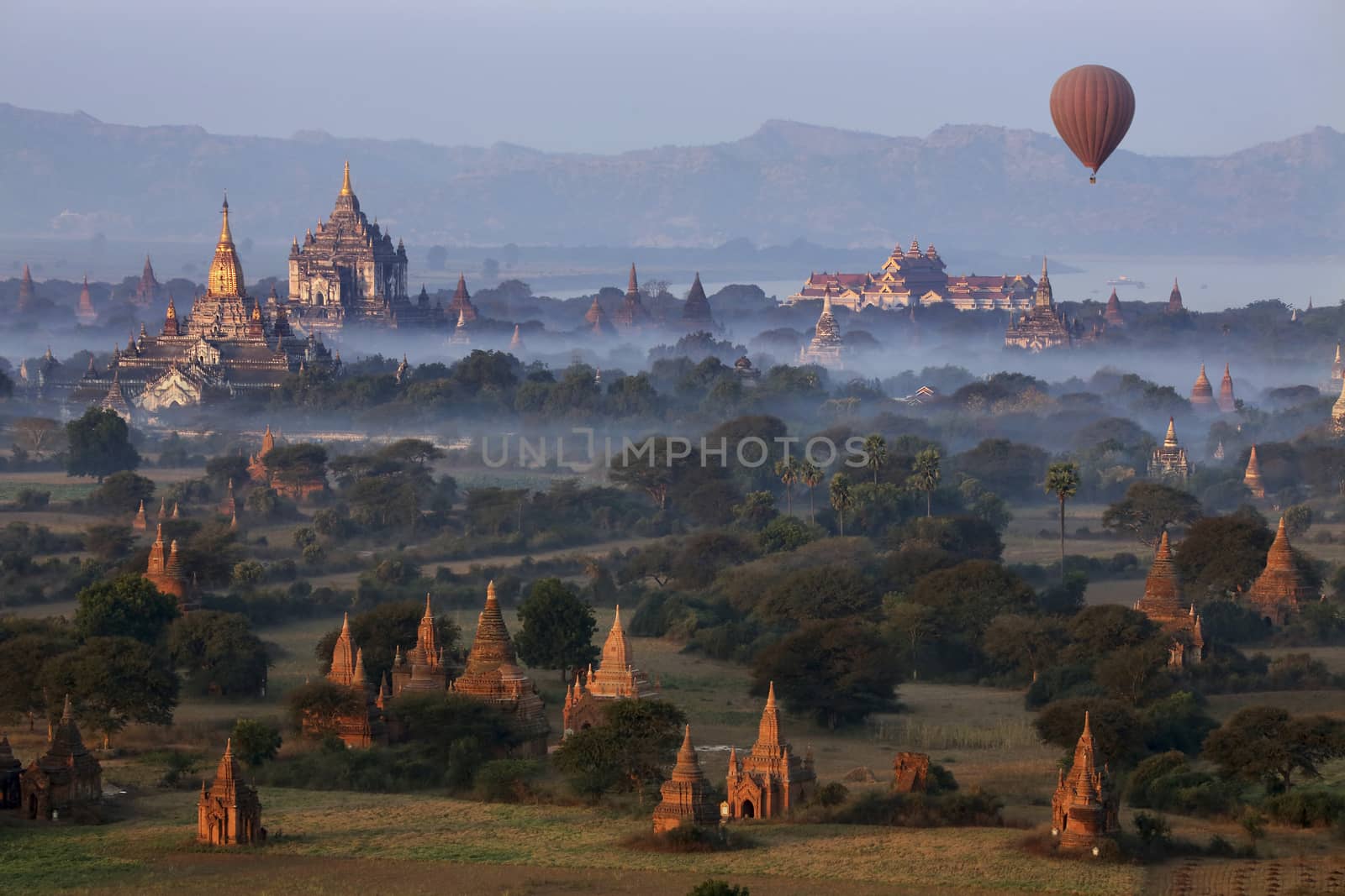 Early morning aerial view of the temples of the Archaeological Zone near the Irrawaddy River in Bagan in Myanmar (Burma).