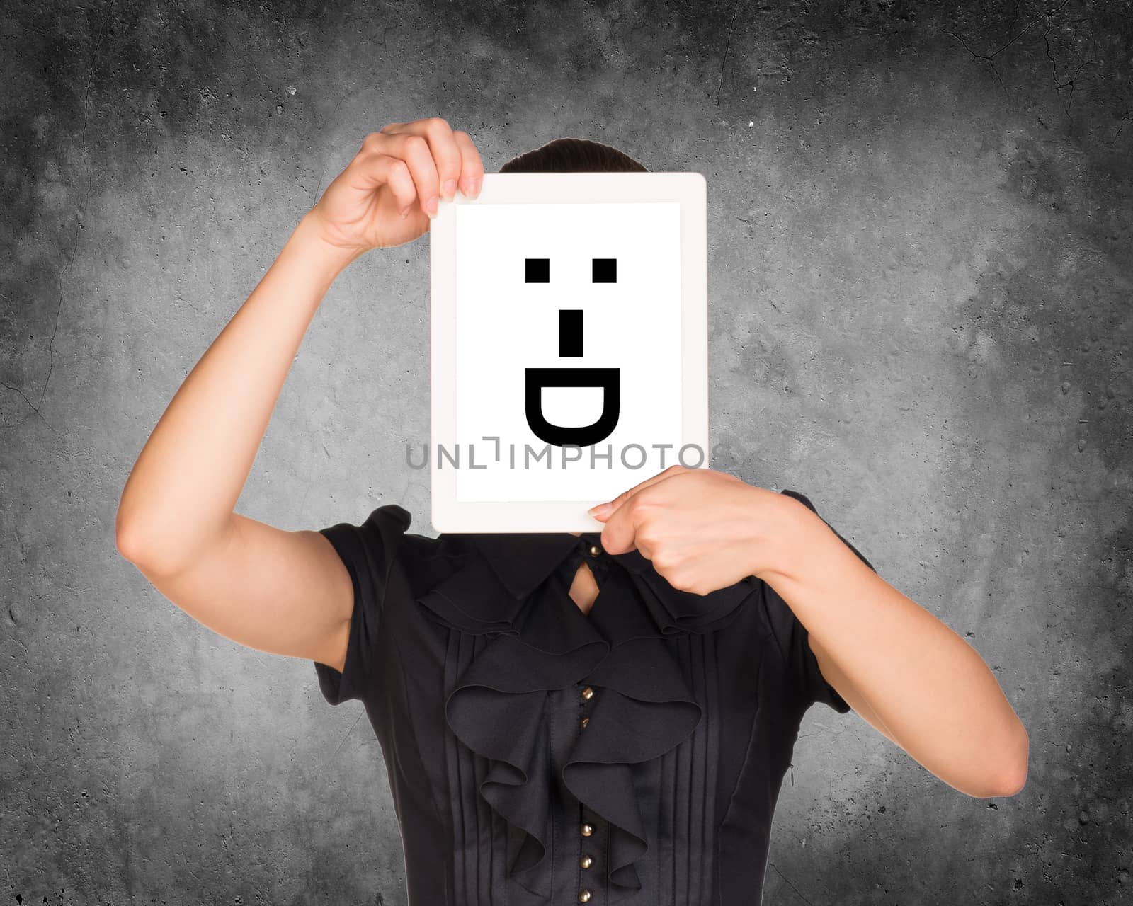 Girl in dress covered her face with tablet. On screen code smiley by cherezoff