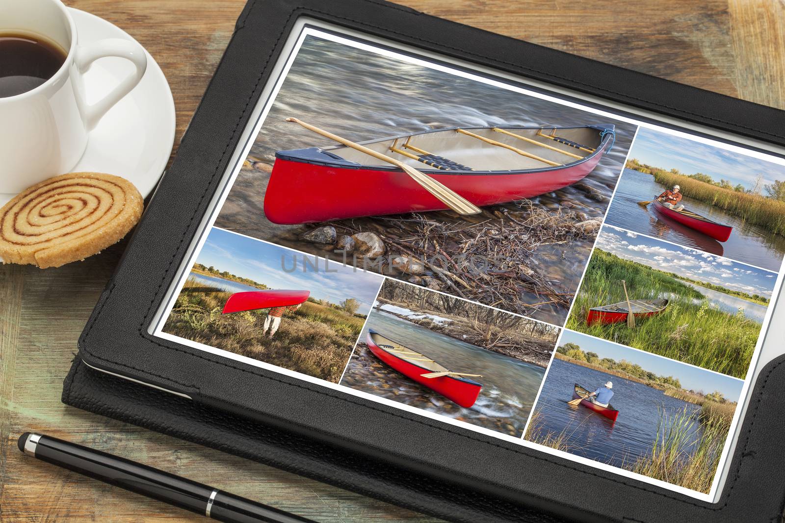 Reviewing pictures of canoe paddling featuring a senior male on a digital tablet with a cup of coffee. All screen pictures copyright by the photographer with the same model (self).