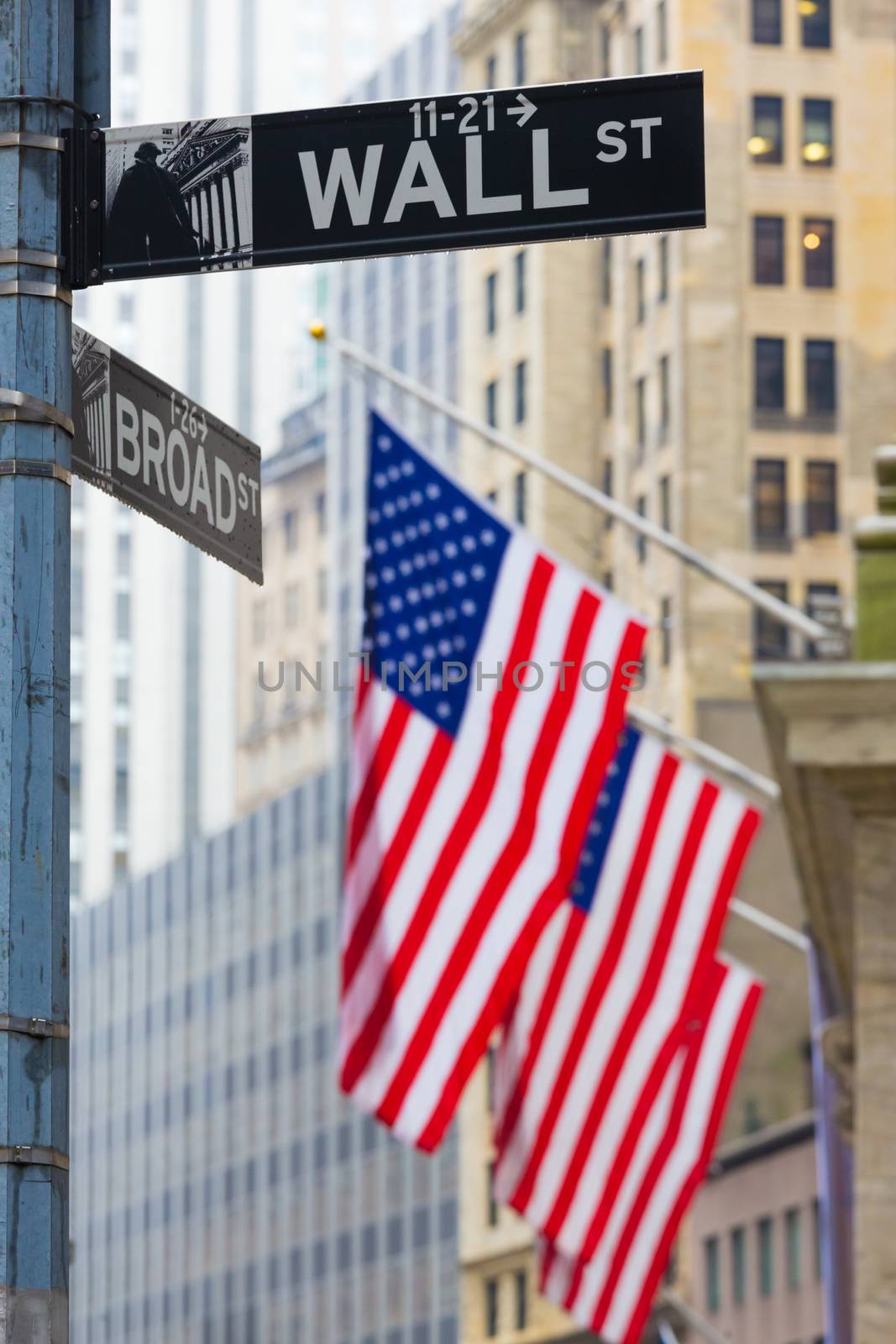 Wall street sign in New York with American flags and New York Stock Exchange background.