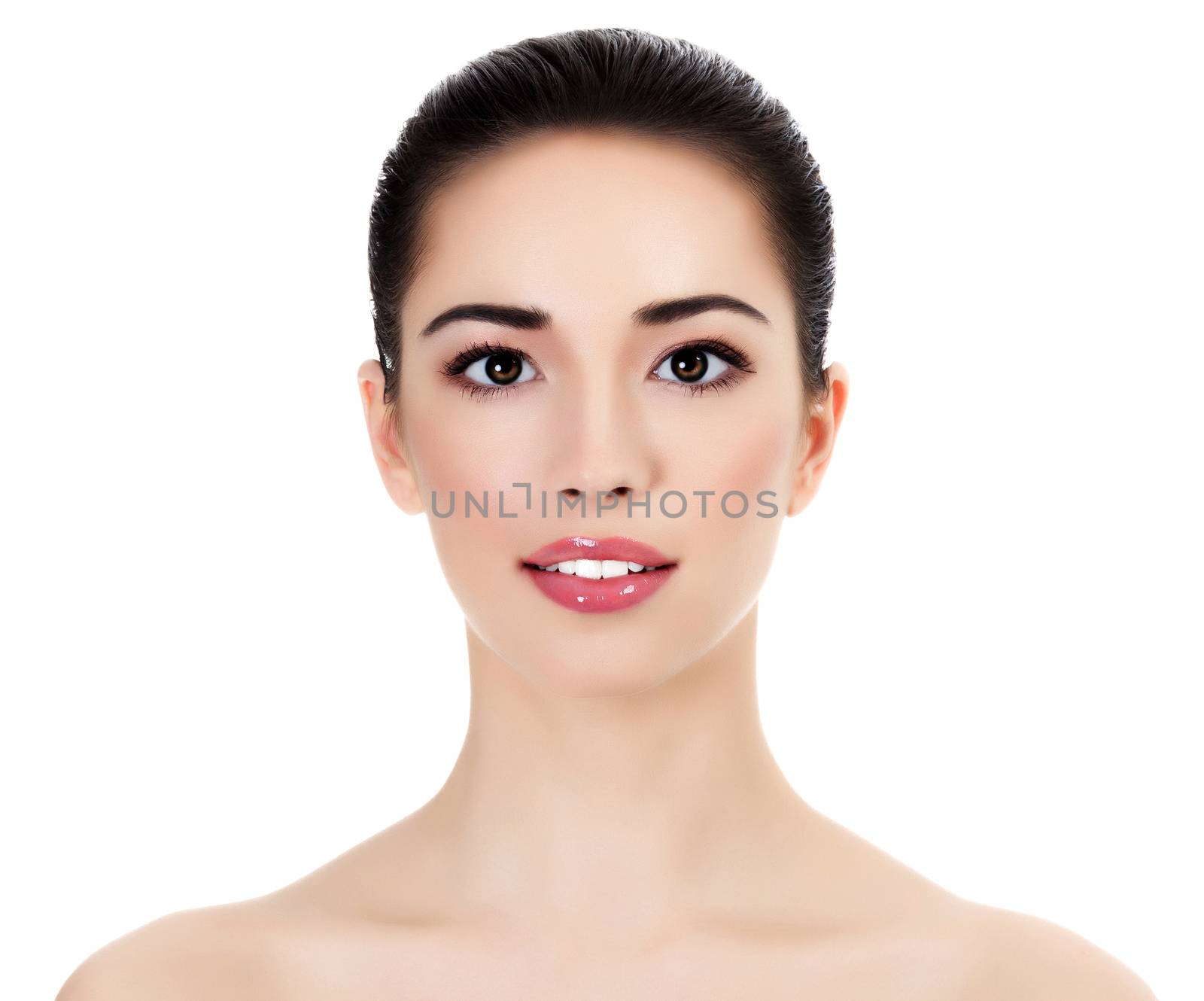 Face of a beautiful young woman, white background, isolated, copyspace