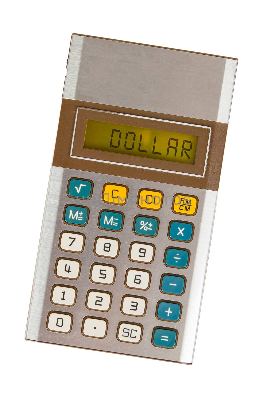 Old calculator showing a text on display - dollar