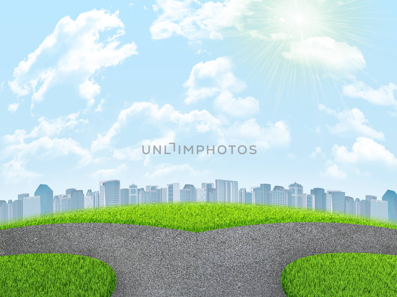 Road fork, green grass field and city. Sky with clouds in background