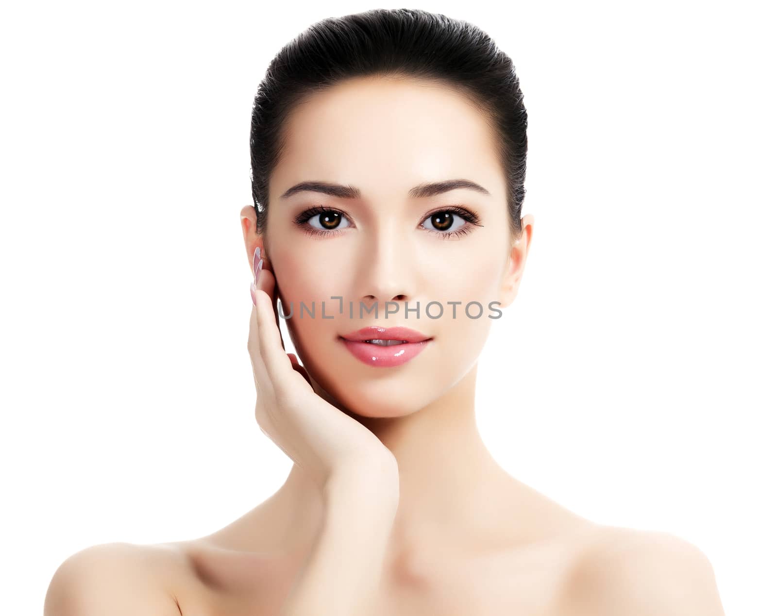 Beautiful girl with clean fresh skin, white background. by Nobilior