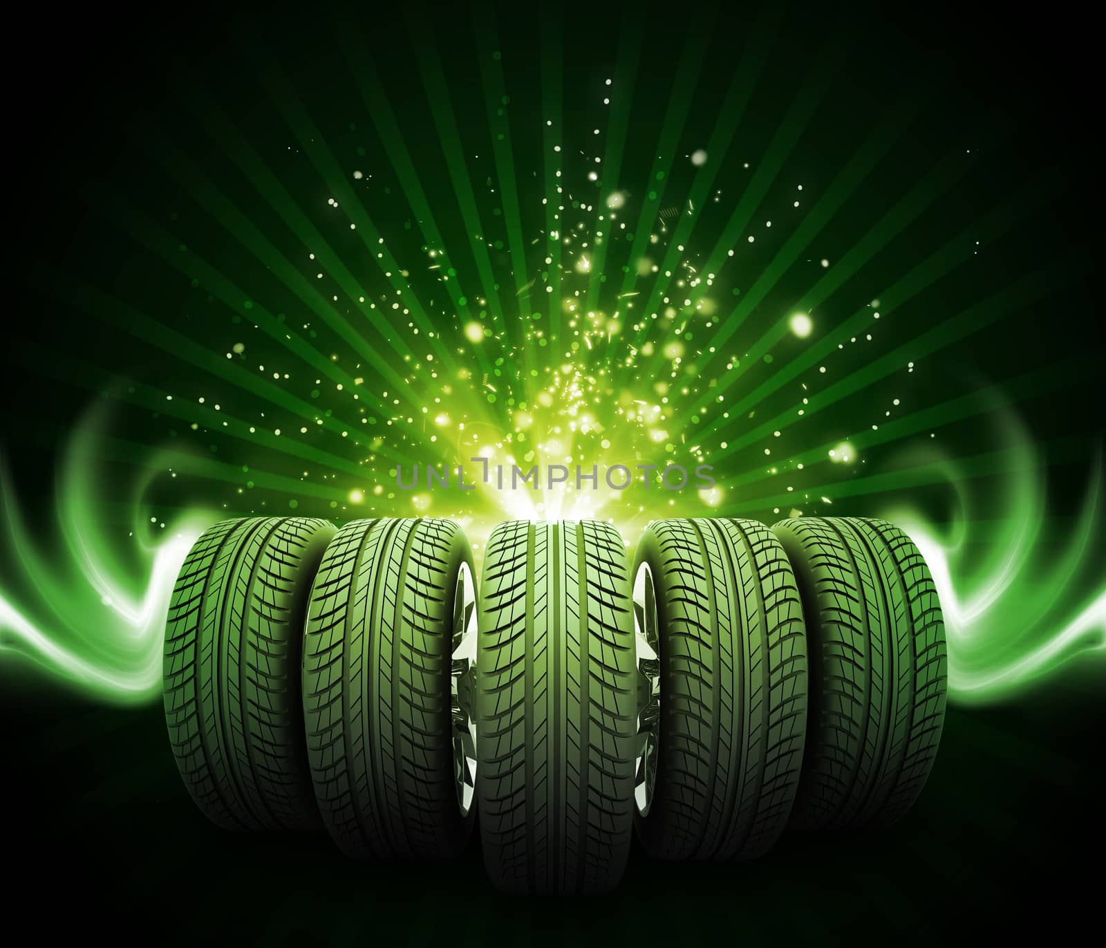 Wedge of new car wheels. Abstract green background is magic lines and stripes at center