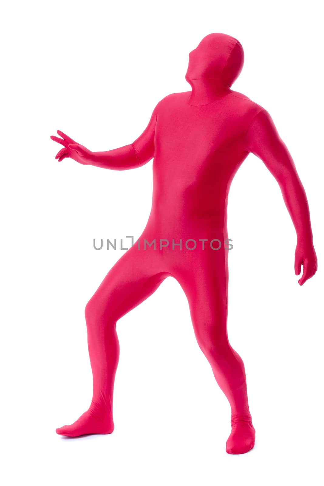 A handsome man in a red body suit isolated on a white background