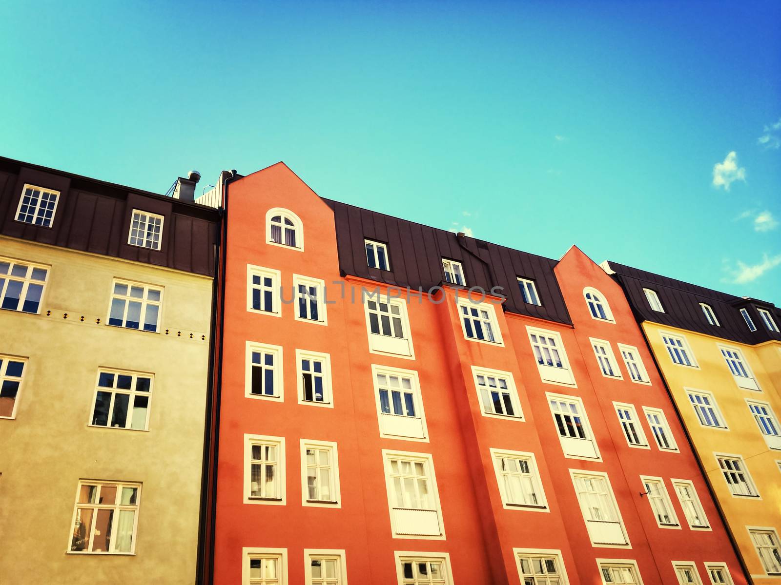 Facades of colorful buildings in the center of Stockholm, Sweden.