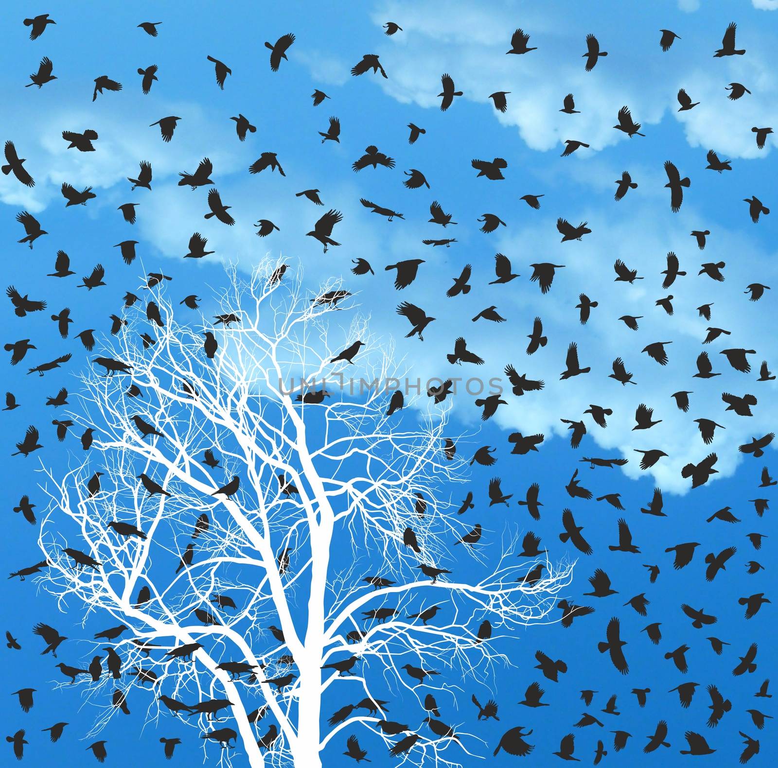 Illustration flock of crows over white tree.