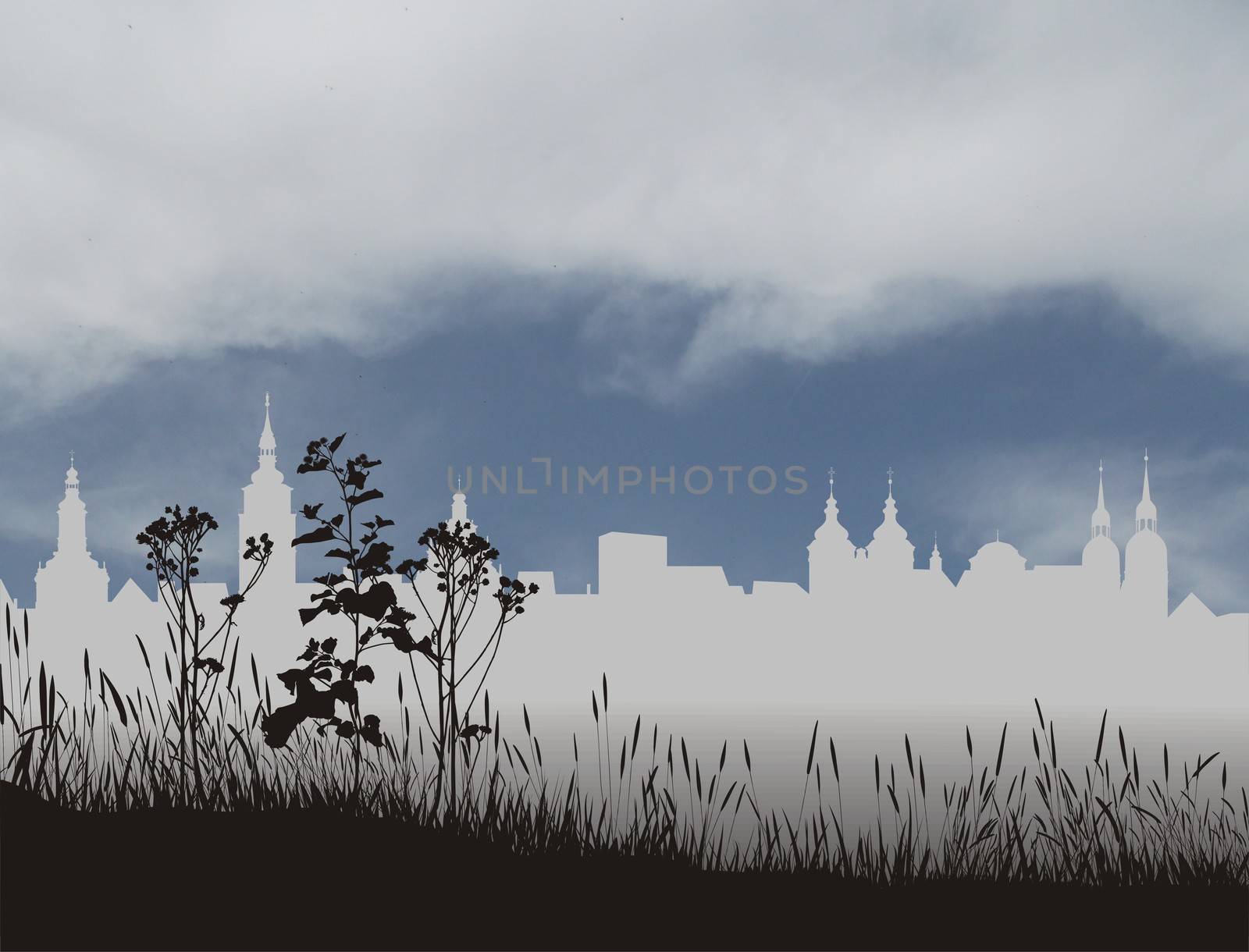 Illustration of a silhouette of the historic old town with mist