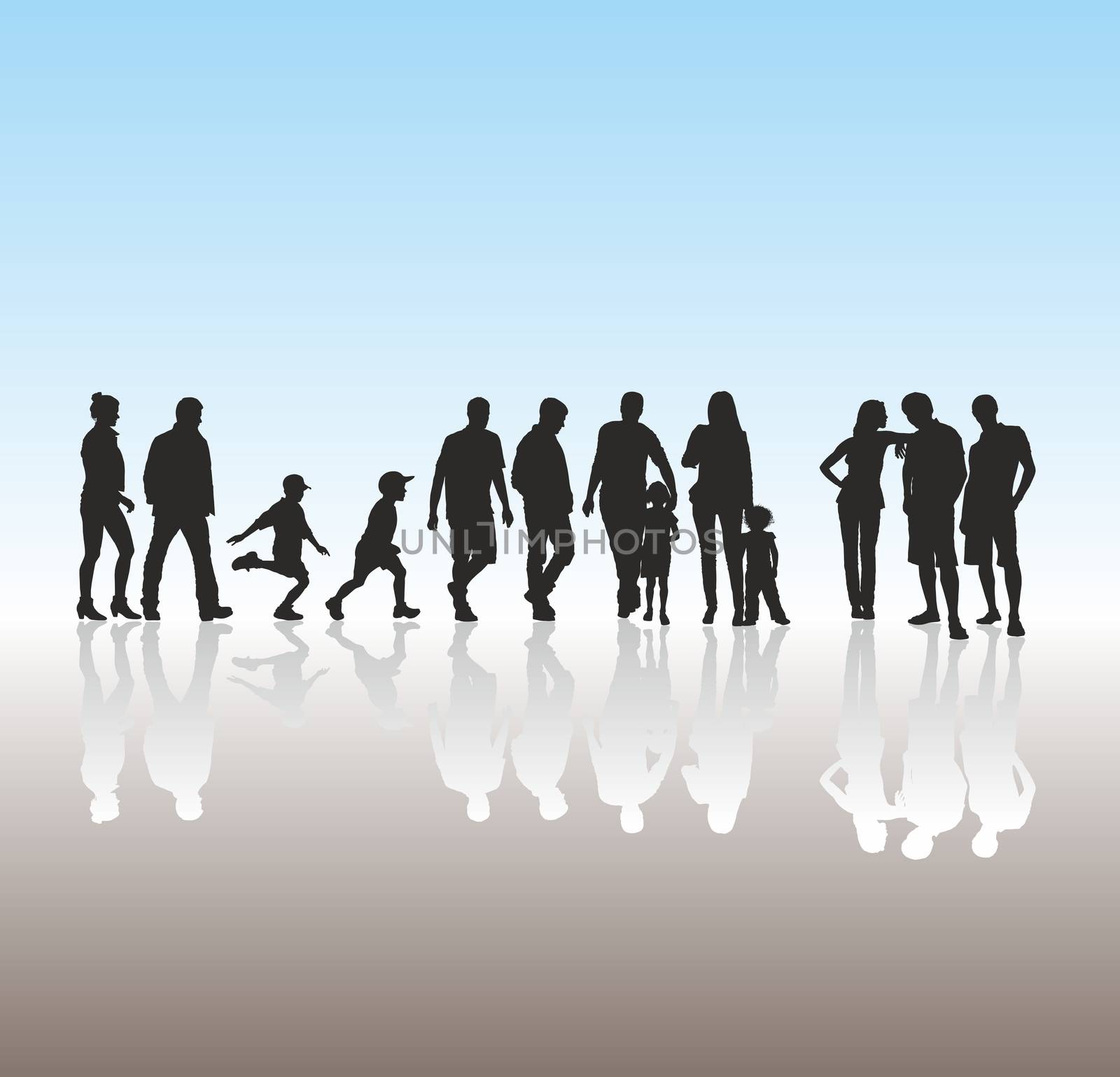 Illustration of group of silhouettes of parents with children