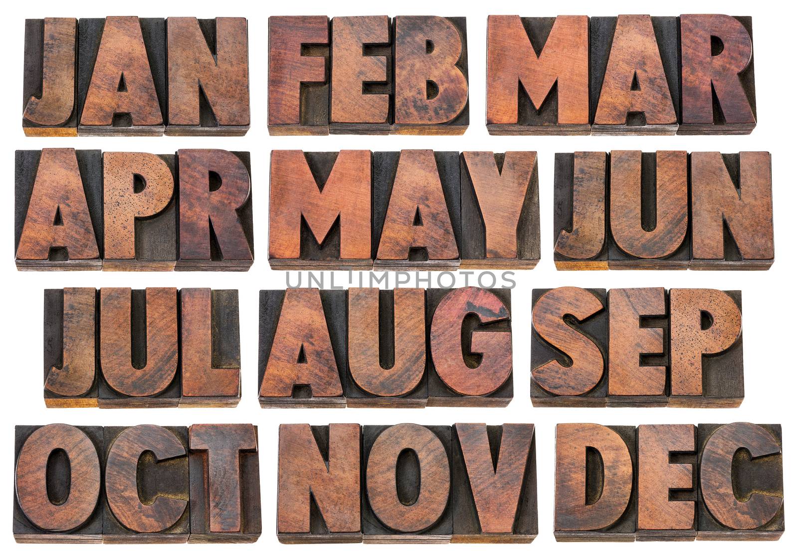 12 months from January to December - a collage of isolated 3 letter symbols in vintage letterpress wood type blocks