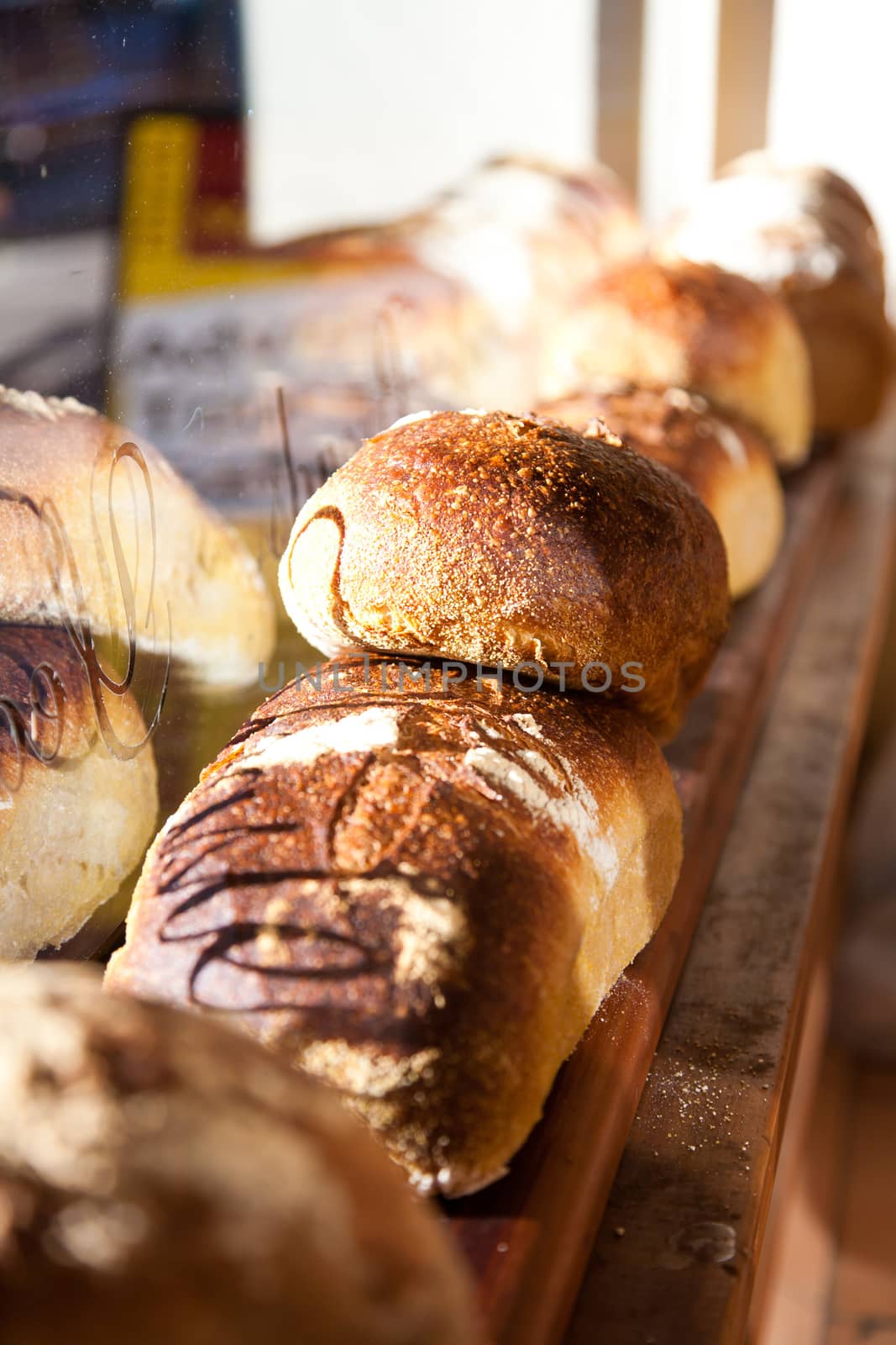 Roaf of breads in a bakery window