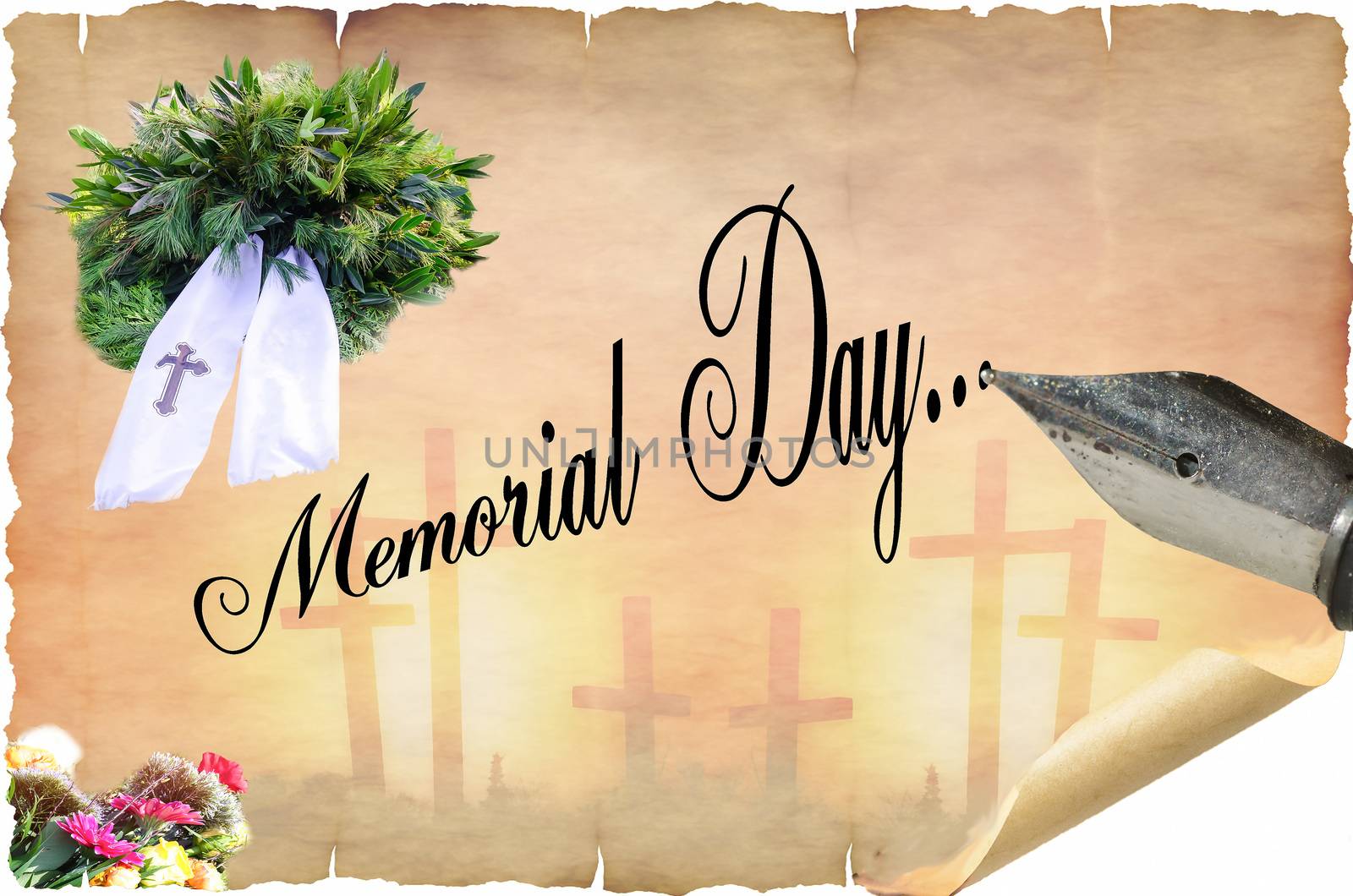 Map of Memorial Day. Old scroll and pen.