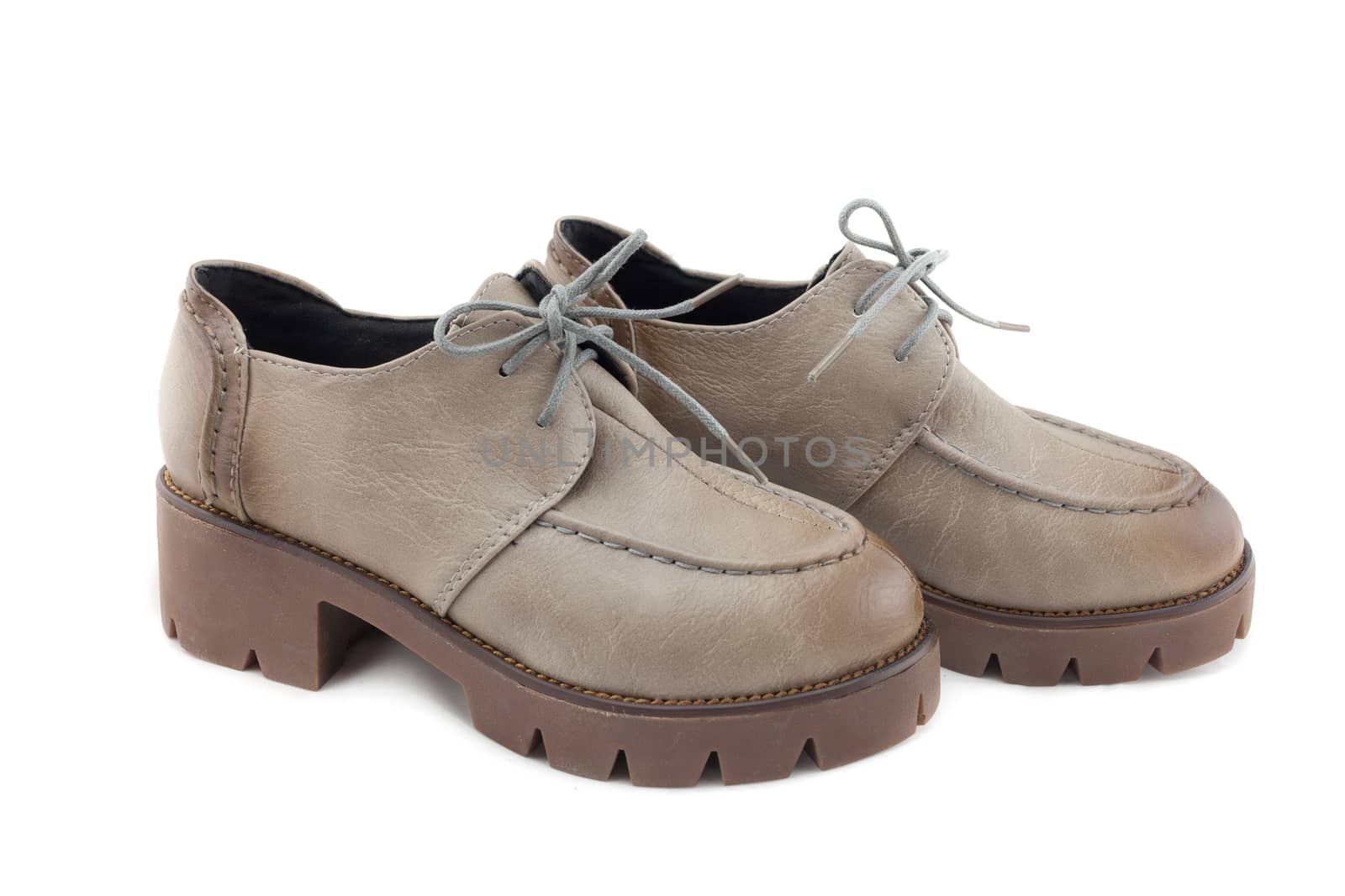 lady leather shoes with shoelace gradient bown on white background.