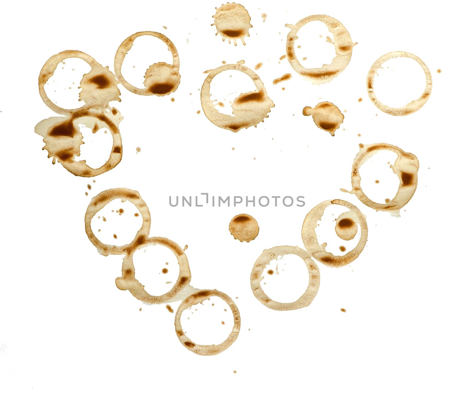 Lot of circle shape coffee stains on white background.