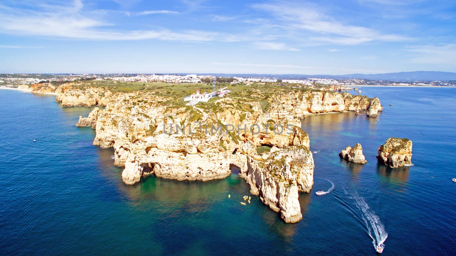 Aerial from Ponta Piedade with the lighthouse in Lagos Portugal