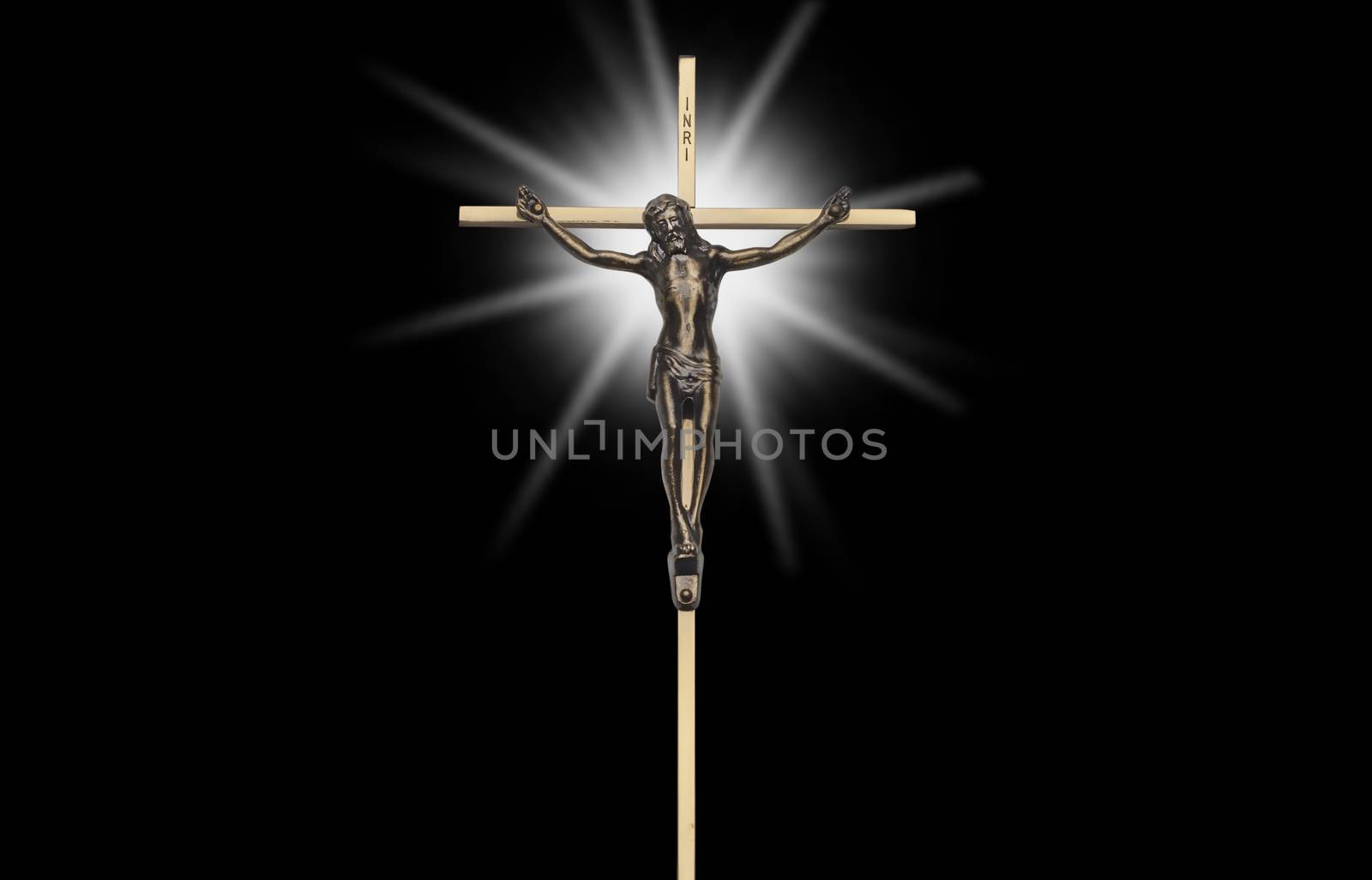 Jesus Christ passion on the cross on black with white glow