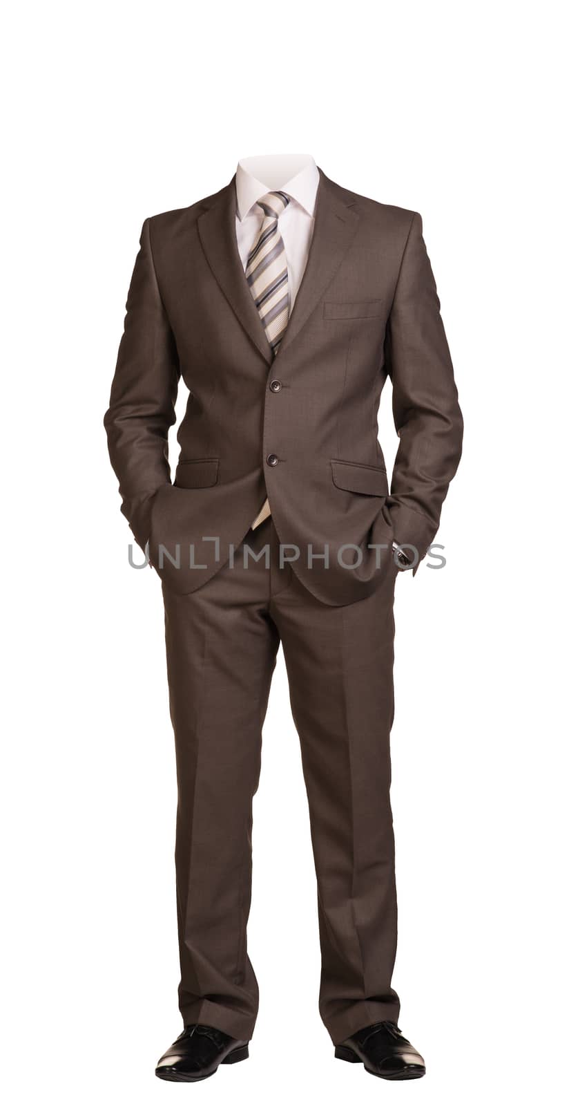 Businessman without head, standing with hands in pockets. Isolated by cherezoff