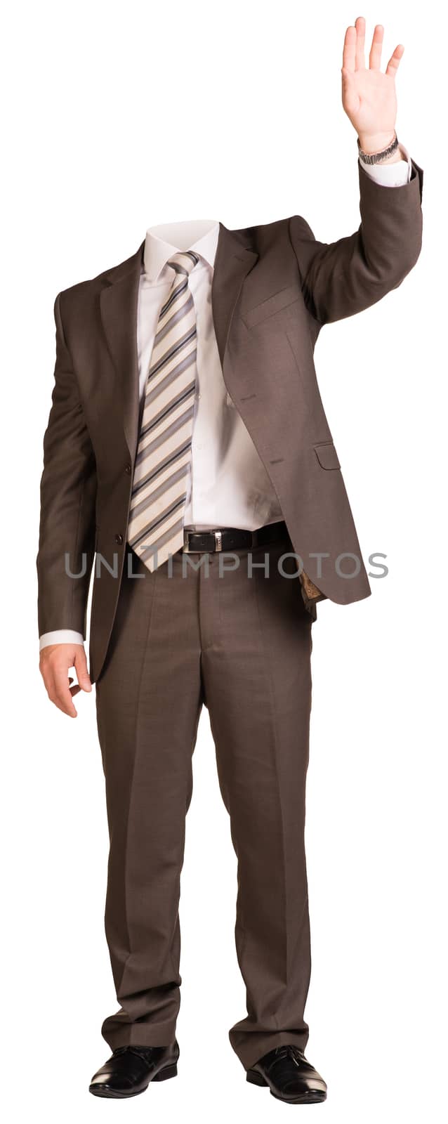 Businessman in suit without head, raised his hand up. Isolated by cherezoff