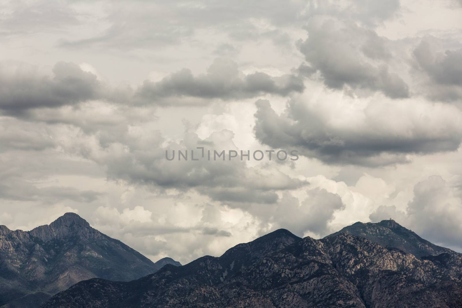 Arizona mountains under thick clouds in wilderness