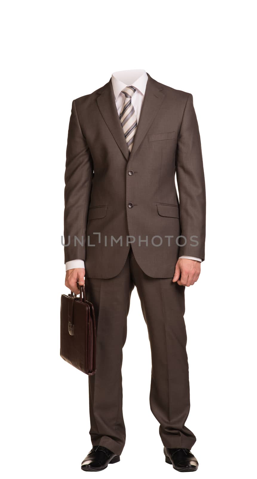 Businessman in suit without head, standing and holding suitcase. Isolated on white background