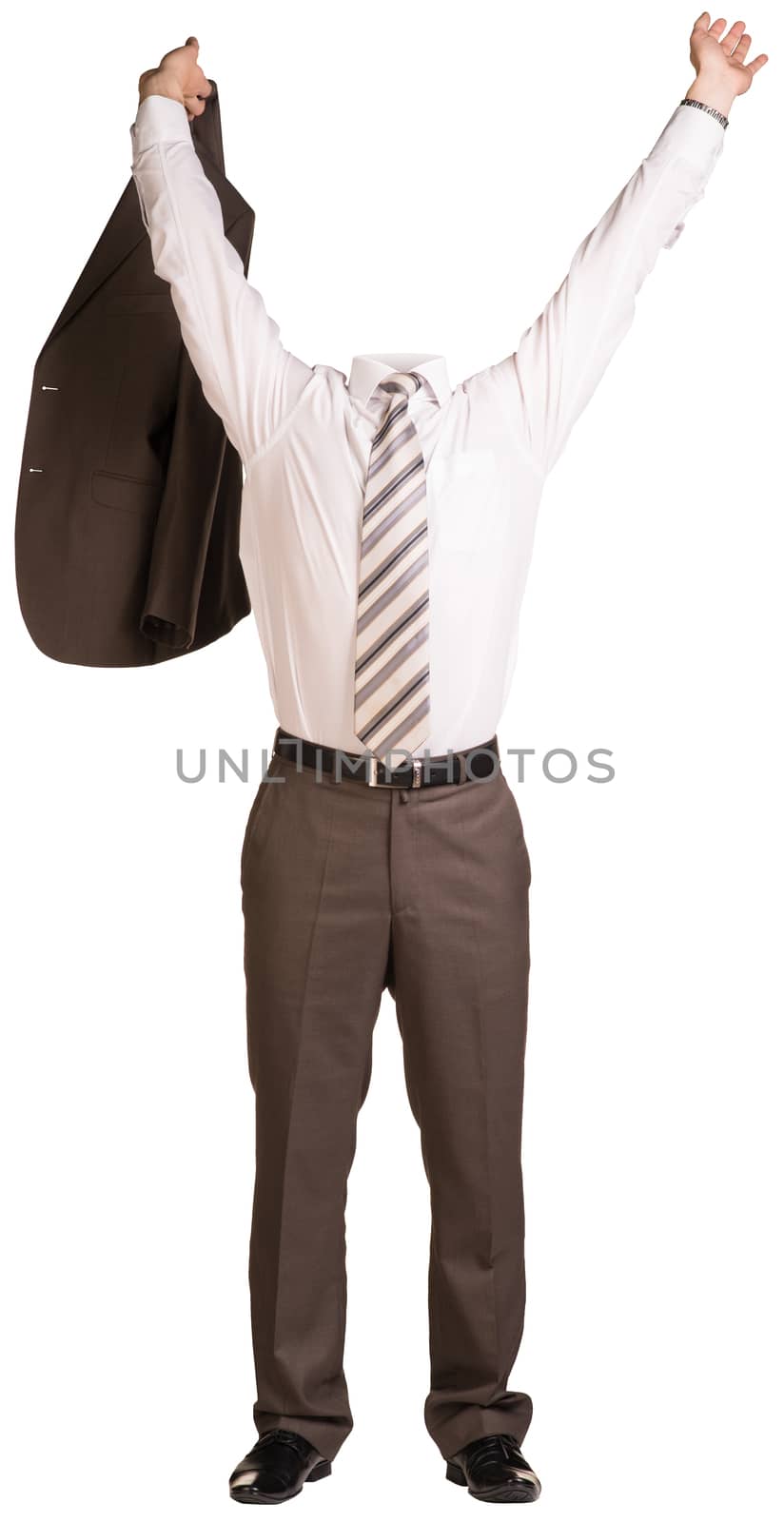 Businessman in suit without head, took off his jacket and his hands up. Isolated on white background