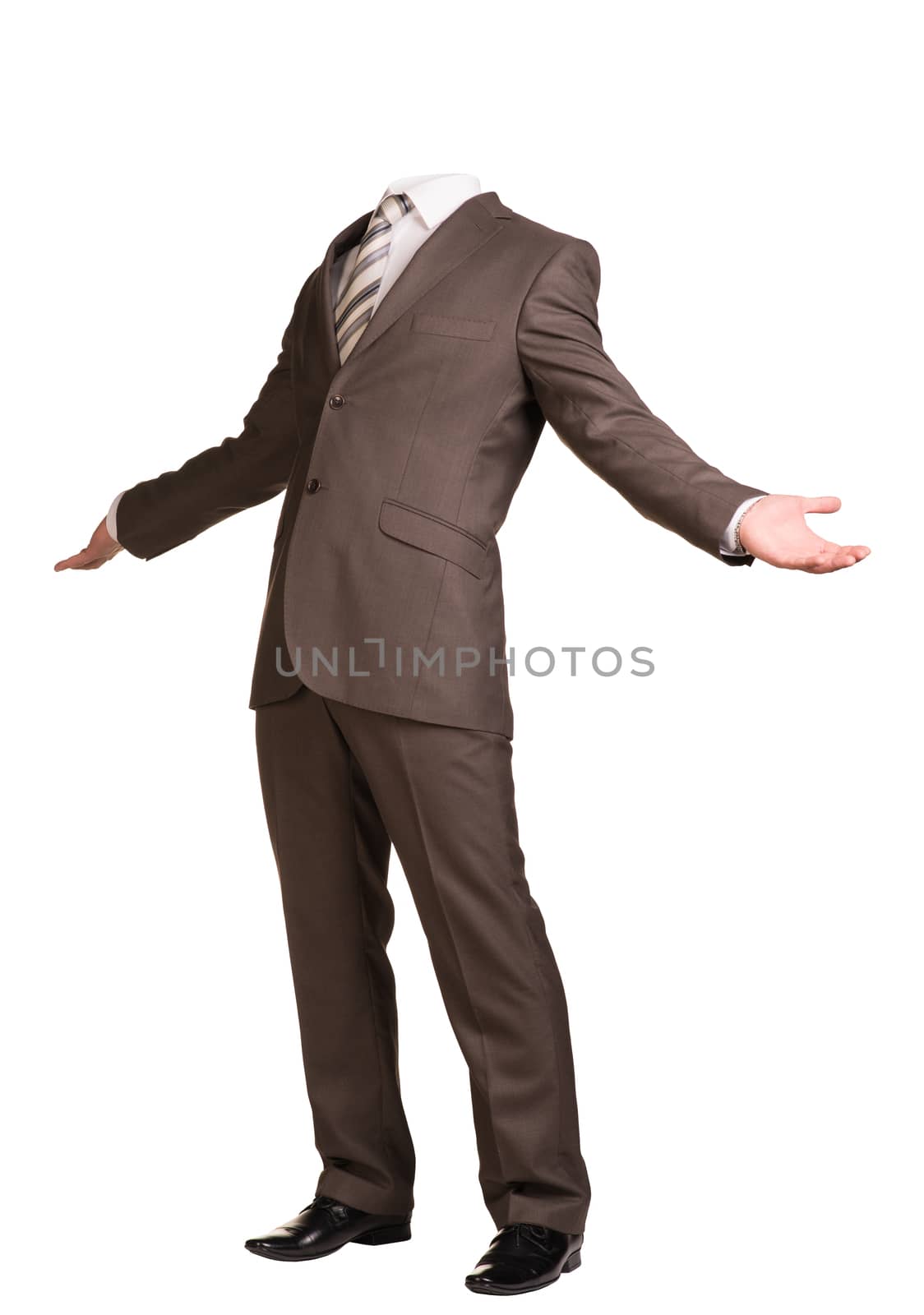 Businessman in suit without head, spread his arms to sides. Isolated on white background