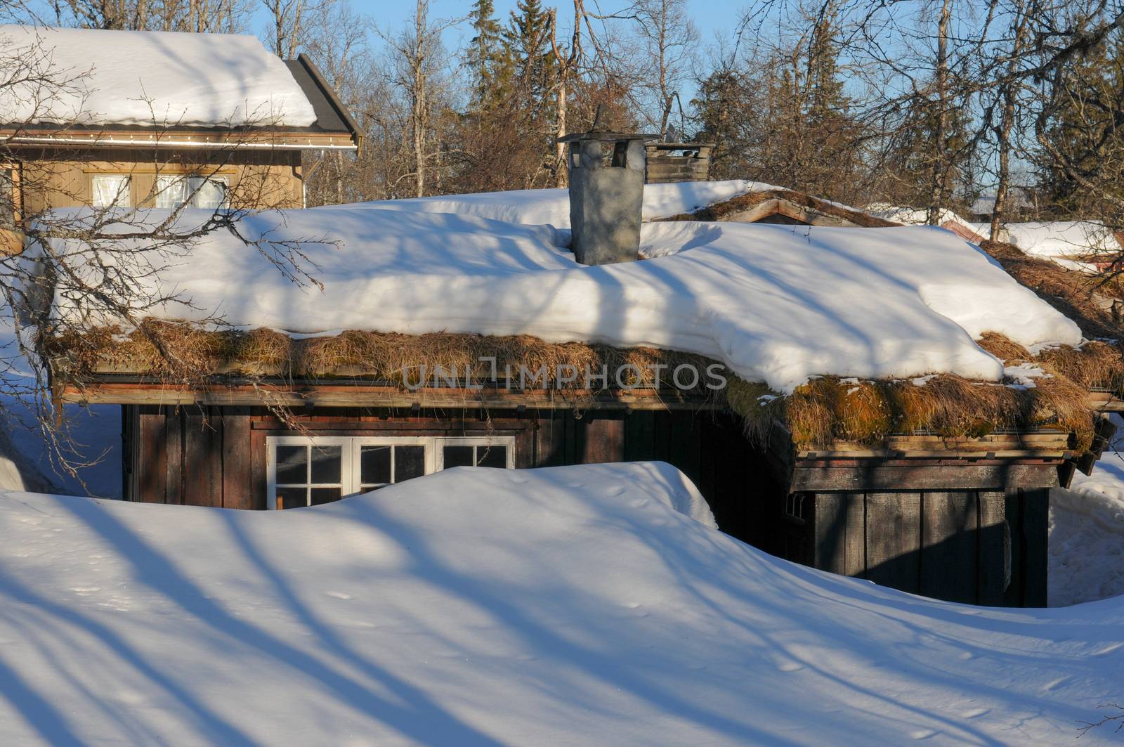 Cottage with melting snow on the roof