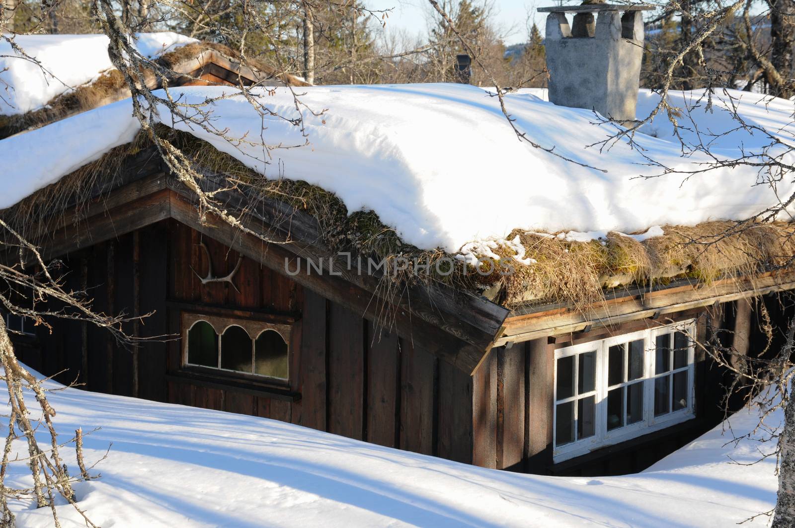 Cottage with melting snow on the roof