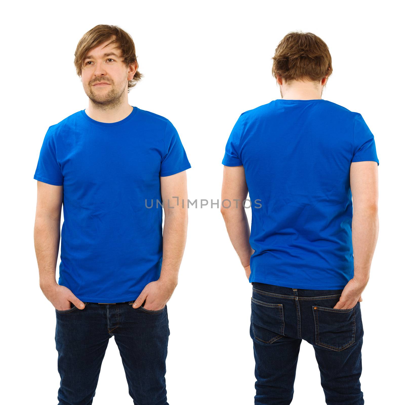 Photo of a man wearing blank blue t-shirt, front and back. Ready for your design or artwork.