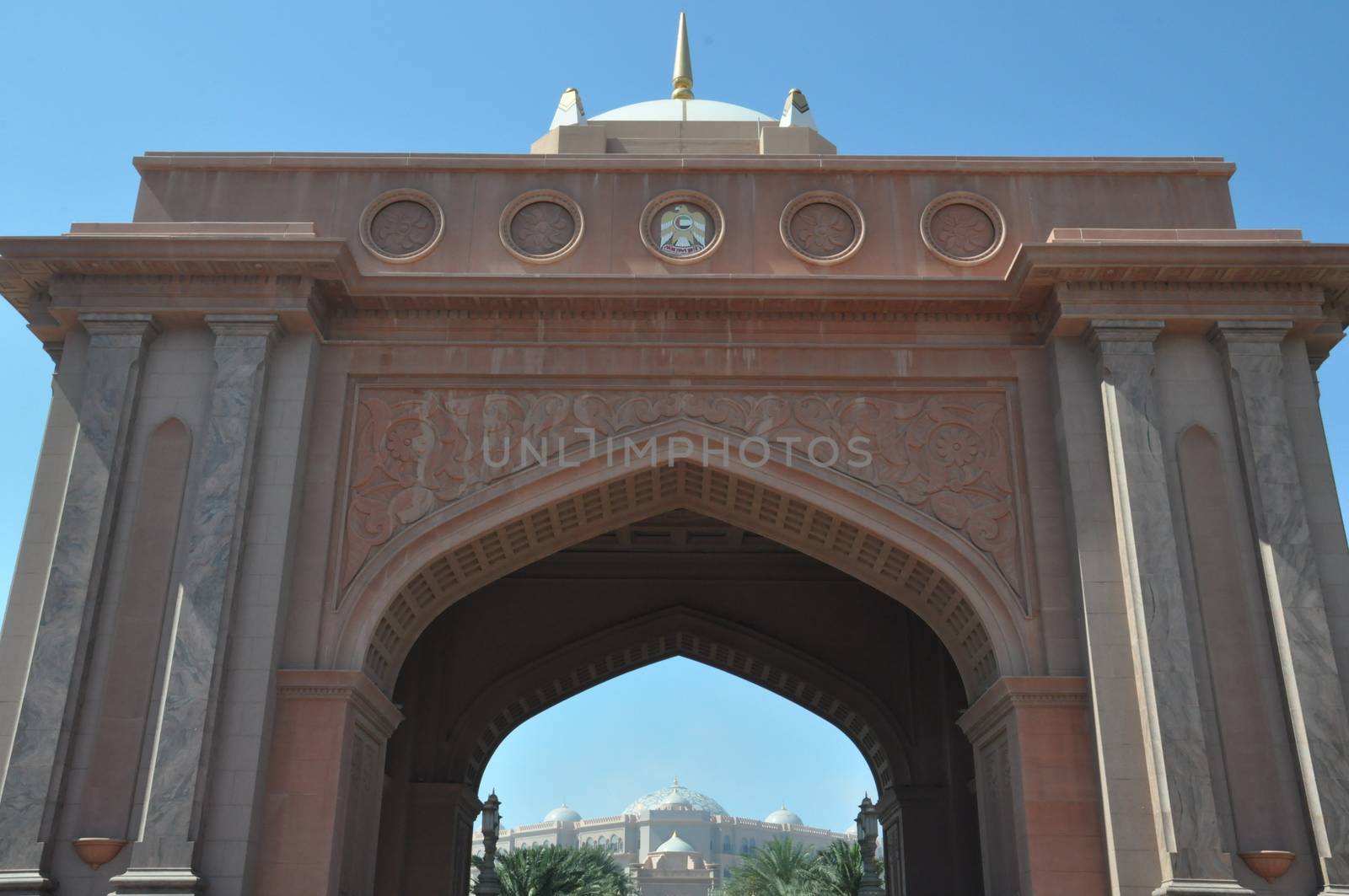 Entrance to Emirates Palace Hotel in Abu Dhabi, UAE. It is a seven star luxury hotel and has its own marina and helipad.