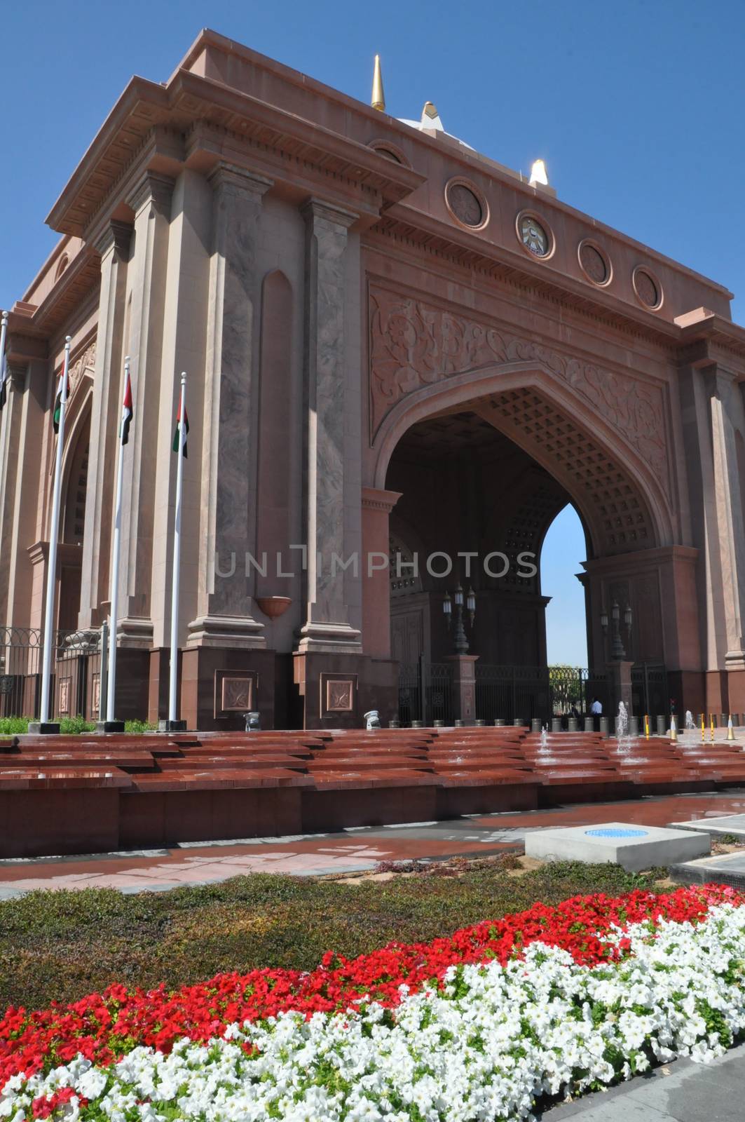 Entrance to Emirates Palace Hotel in Abu Dhabi, UAE. It is a seven star luxury hotel and has its own marina and helipad.