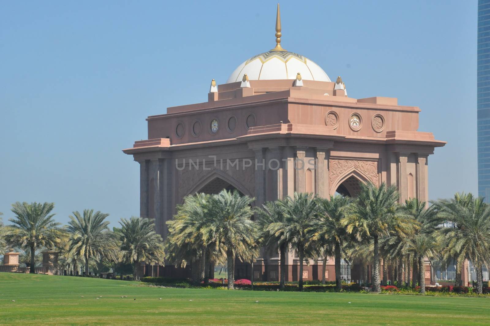 Entrance to Emirates Palace Hotel in Abu Dhabi, UAE. It is a seven star luxury hotel and has its own marina and helipad.