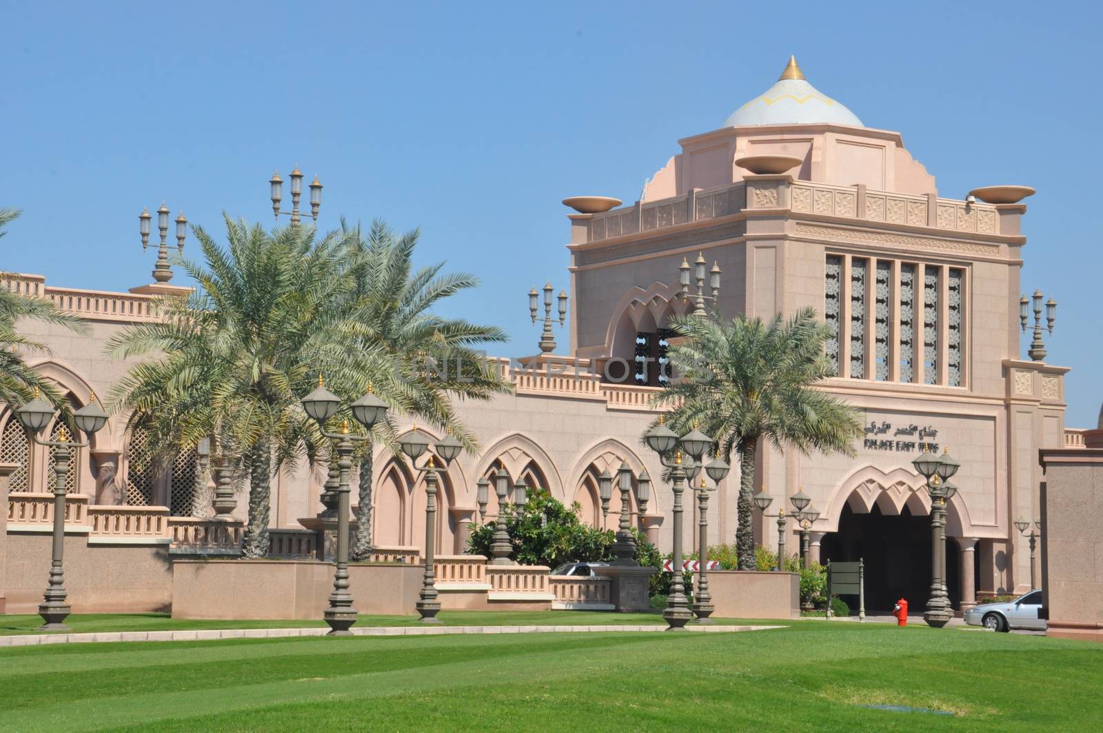 Emirates Palace Hotel in Abu Dhabi, UAE. It is a seven star luxury hotel and has its own marina and helipad.