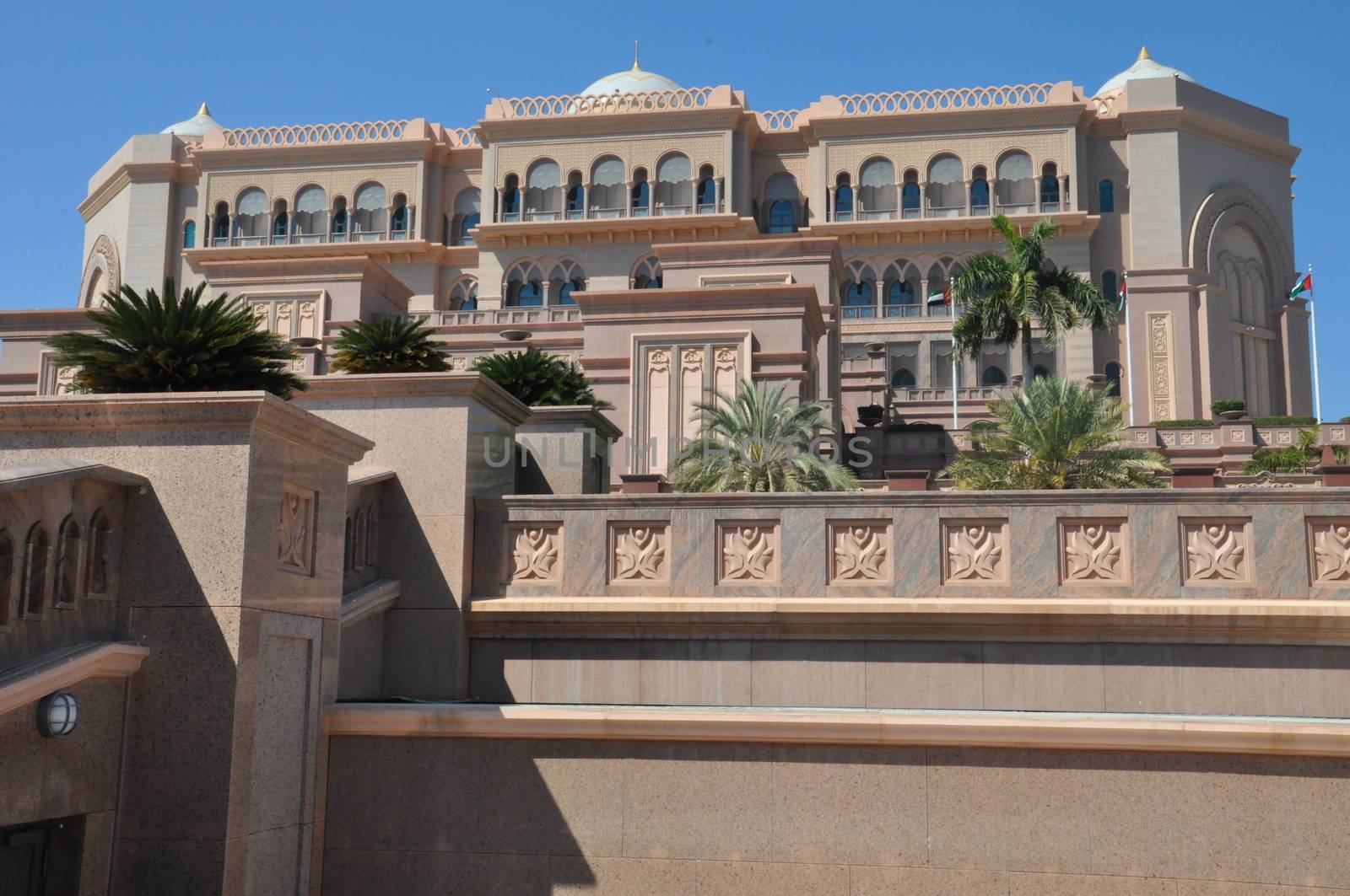 Emirates Palace Hotel in Abu Dhabi, UAE. It is a seven star luxury hotel and has its own marina and helipad.